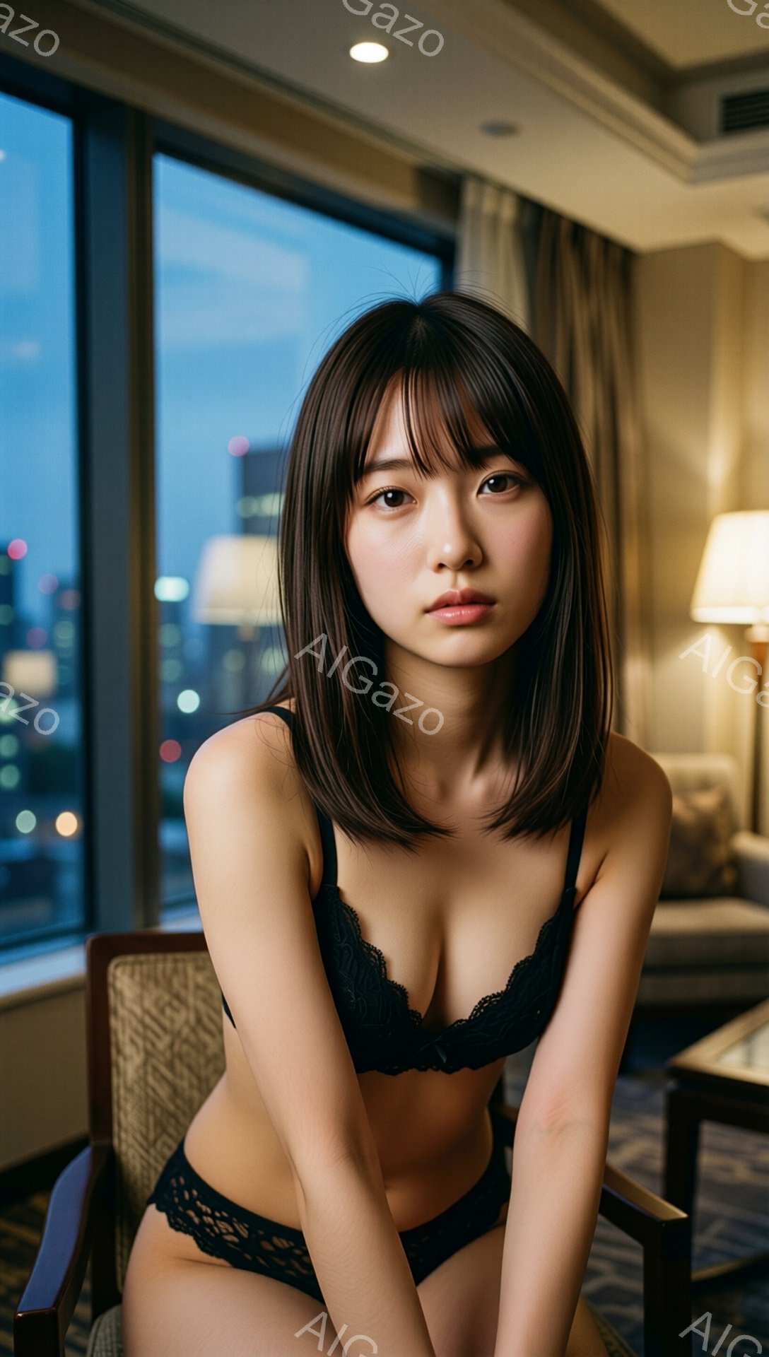 長い黒髪の女性が、黒いレースのブラとパンティを身に着けて椅子に座っています。彼女はやや伏し目がちで、落ち着いた表情をしています。背景は高層ビルの夜景が見えるホテルの部屋で、室内は暖色系の照明で照らされています。