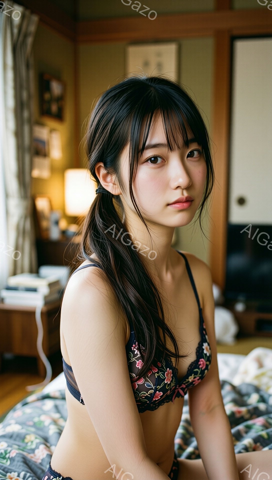 長い黒髪をセンターパートにして、片側を後ろでまとめた女性が写っています。黒地に花柄のレースブラジャーを身につけ、ベッドに座って正面を見つめており、表情は穏やかで少し微笑んでいます。背景には畳の部屋、木製の家具、そして柔らかな光が差し込み、リラックスした家庭的な雰囲気が漂っています。