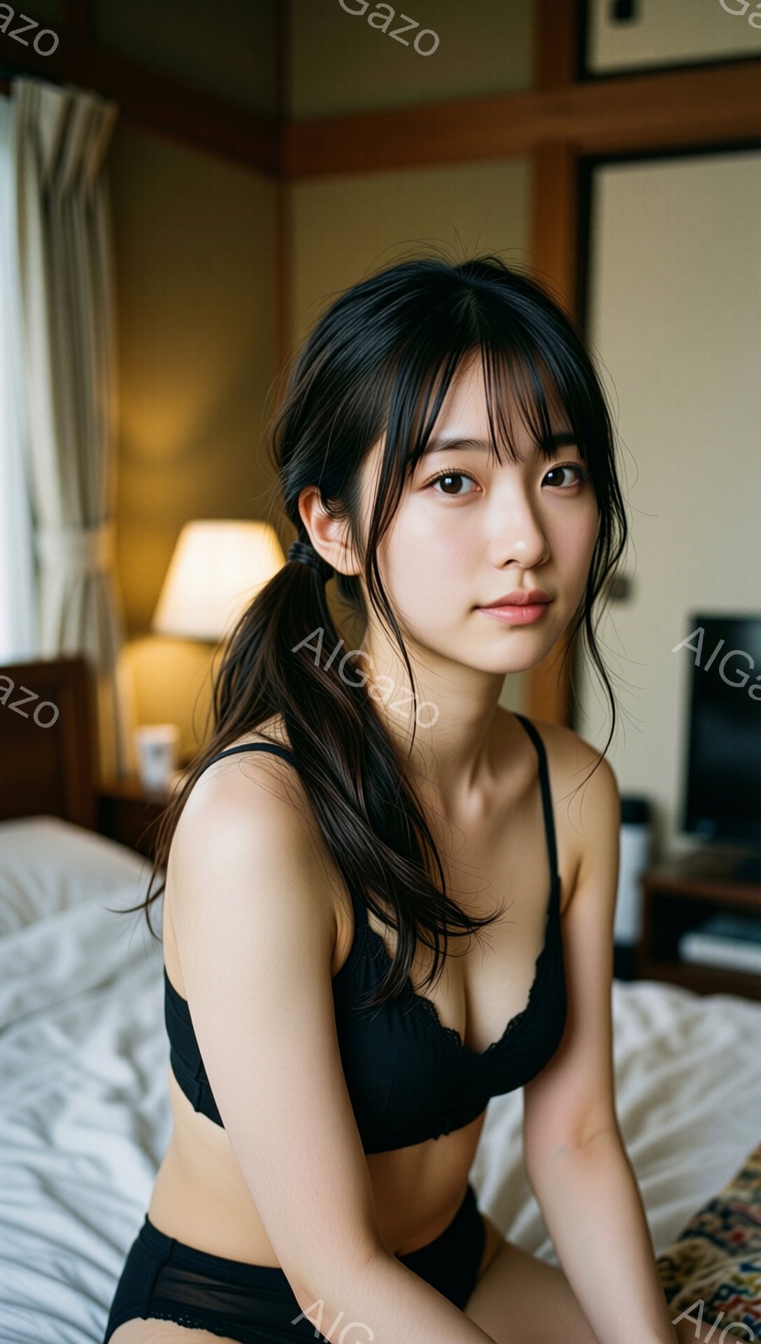 黒いレースのブラとショーツを身に着けた若い女性が、白いベッドに座ってこちらを見ている。彼女は黒髪をポニーテールにし、少し微笑んだ表情をしている。背景には、ぼやけた家具や窓から差し込む光が見え、リラック - AI生成フリー素材