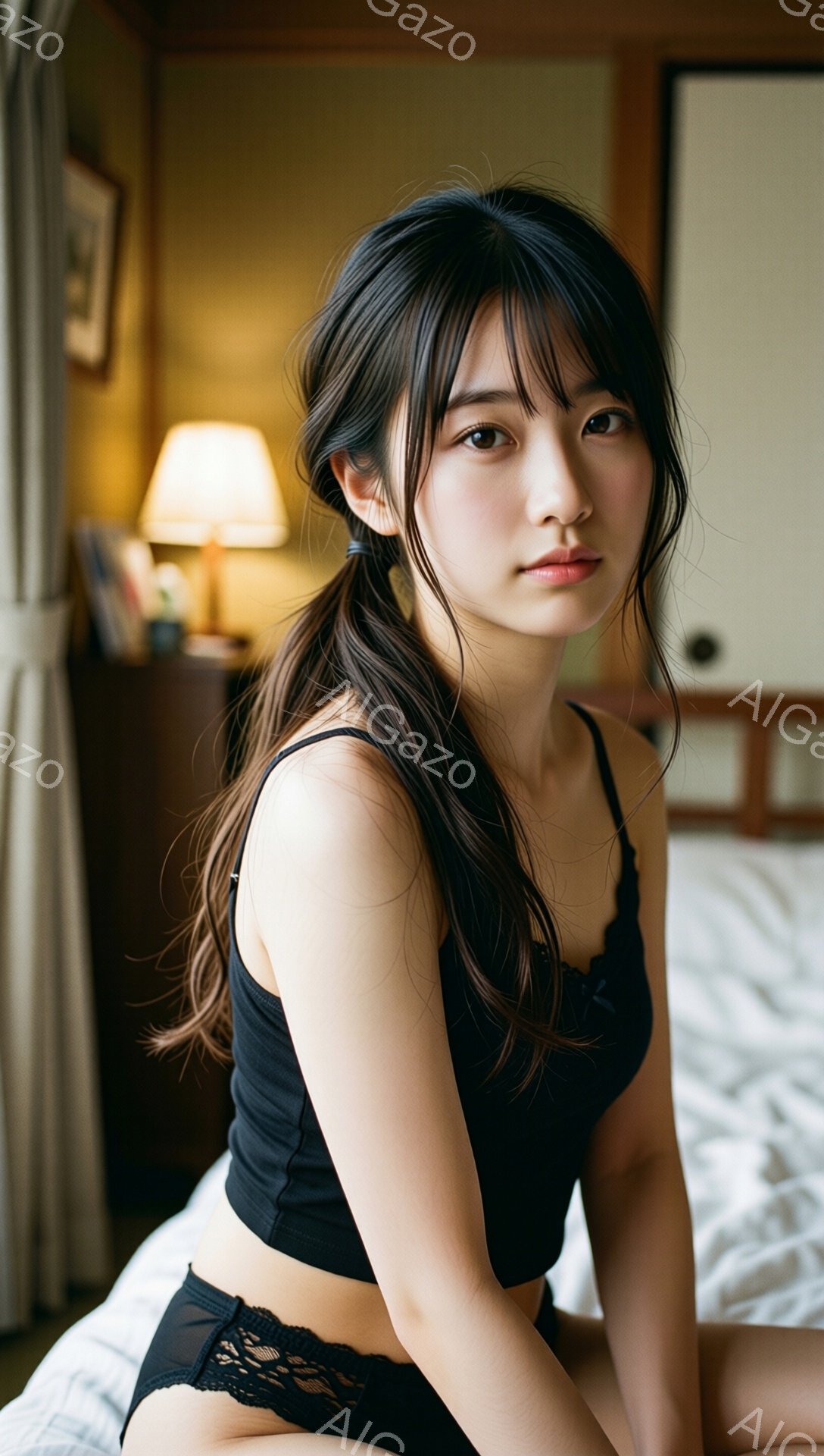 長い黒髪を無造作に後ろで束ねた女性が、黒いキャミソールと下着姿でベッドに座っています。彼女はカメラを見つめ、わずかに微笑んだ表情を浮かべており、肌はきめ細かく健康的です。背景には間接照明と木製の家具が見え、温かく落ち着いた雰囲気が漂っています。