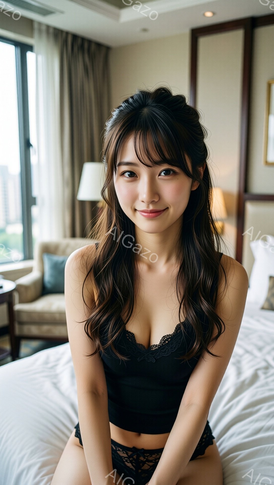 黒いレースのブラとショーツを着用した若い女性がベッドに座っています。彼女は肩まで伸びた茶色の髪を持ち、微笑んでいます。背景には窓から見える都市の景色と、ベージュ色の椅子が見え、明るくリラックスした雰囲 - AI生成フリー素材