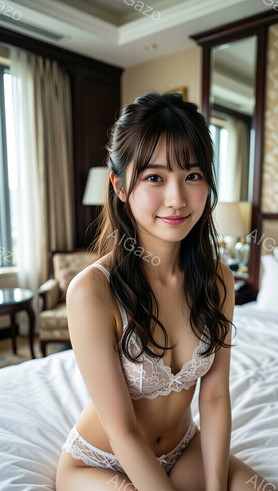 長い黒髪を肩から下でゆるく巻いた女性が、白いレースのブラジャーとショーツ姿でベッドの上に座っています。彼女は微笑んでおり、リラックスした雰囲気を醸し出しています。背景には、暖色系の家具が配置された明る - AI生成フリー素材