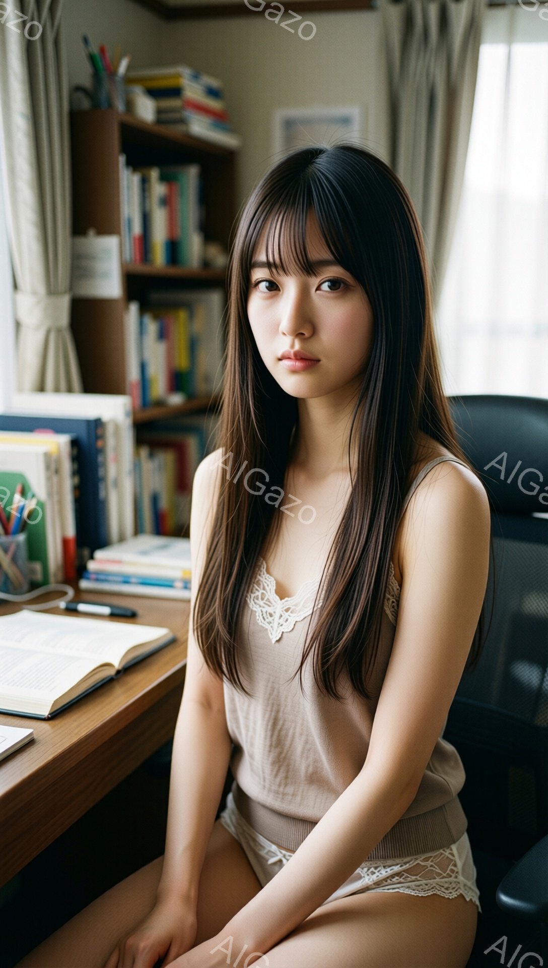 長い黒髪で、前髪は眉毛にかかるように流されています。ベージュ色のキャミソールと下着姿で、少し物憂げな表情で机に向かって座っています。背後には本棚があり、学習机には本や筆記用具が置かれ、室内は落ち着いた雰囲気です。
