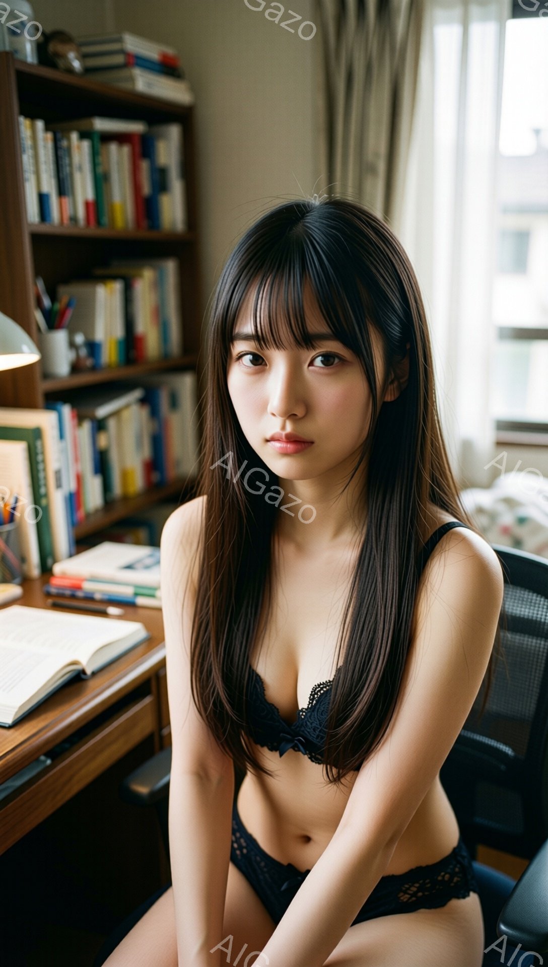 長い黒髪をセンターパートにした若い女性が、黒のレースブラとパンティー姿で椅子に座っています。彼女は少し憂いを帯びた表情でカメラを見つめており、背景には本棚と机が置かれた室内が広がっています。全体的に、控えめで内省的な雰囲気が漂っています。
