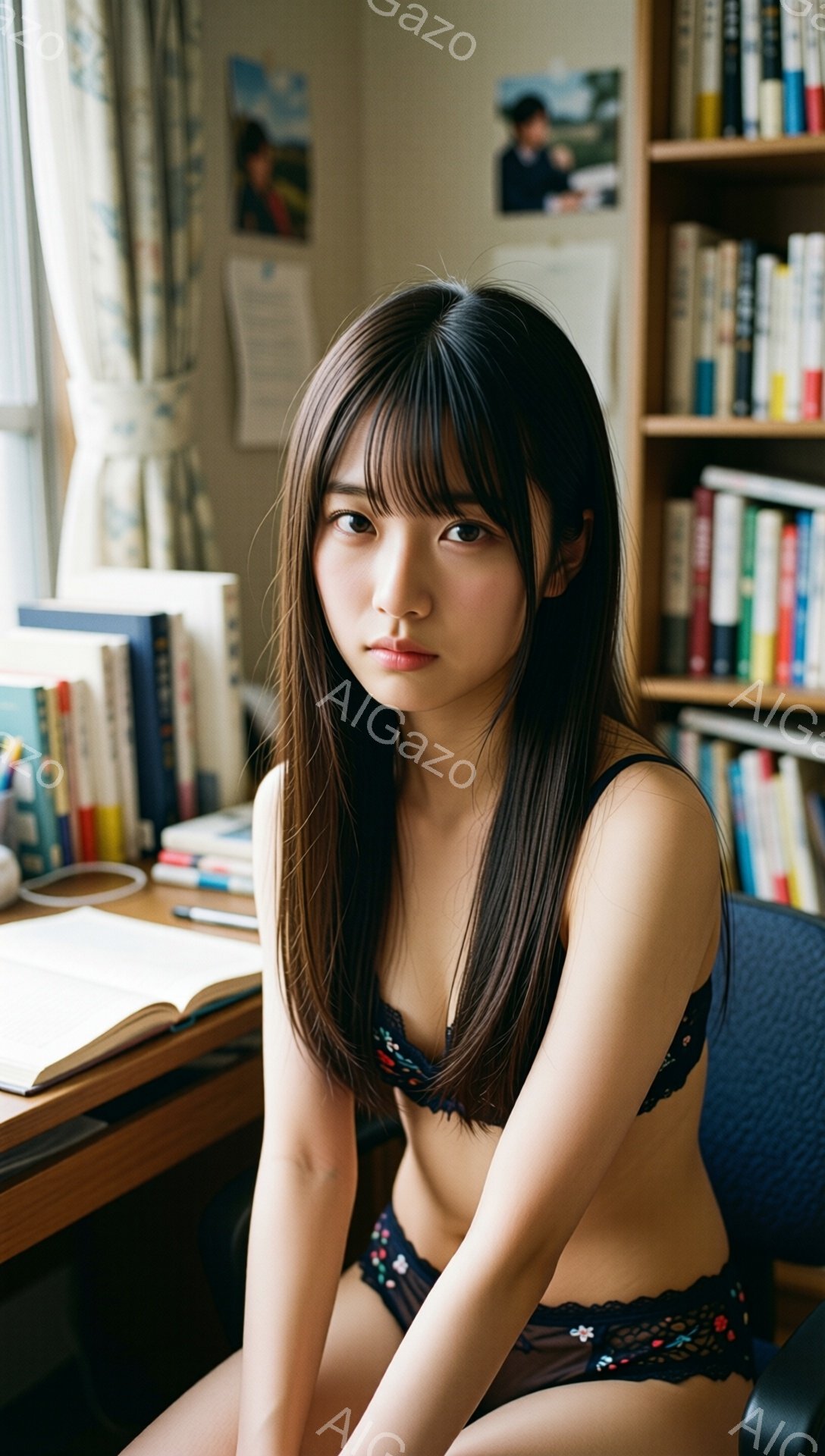 長い黒髪で、前髪が眉毛にかかる女性が写っている。黒いレースのブラジャーとショーツを身に着け、少し憂いを帯びた表情で椅子に座っている。背後には本棚があり、机の上には本と筆記用具が置かれ、落ち着いた雰囲気 - AI生成フリー素材