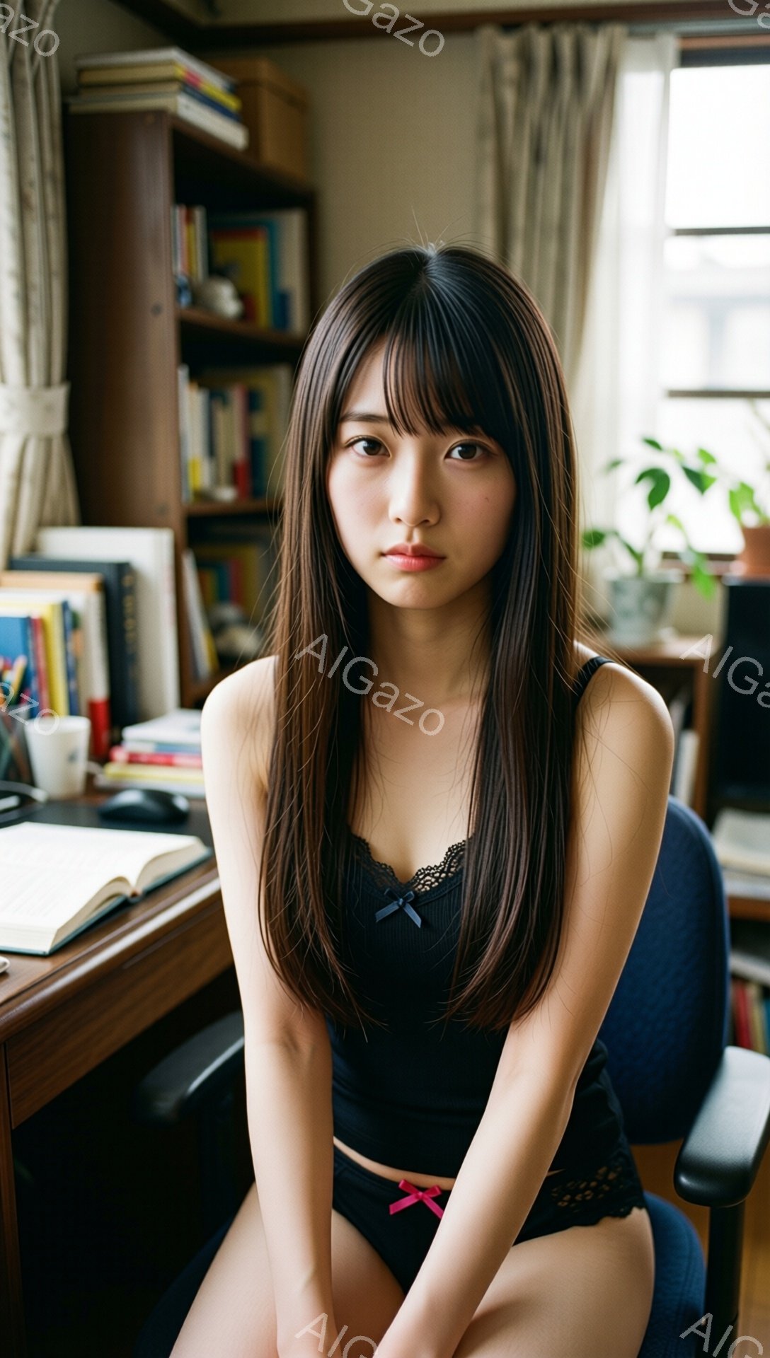 長い黒髪の女性が、黒いレースのキャミソールとピンクのブリーフを身に着けて椅子に座っています。彼女はカメラに向かって少し緊張した表情で、穏やかな視線を送っています。背景には本棚やデスク、観葉植物が見え、室内で撮影されたプライベートな雰囲気のポートレートです。