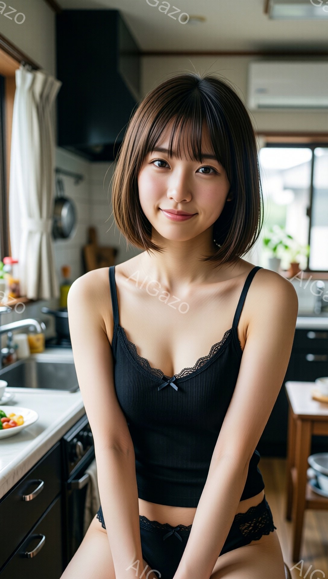 黒いタンクトップと下着姿の女性が、キッチンでこちらを見て微笑んでいます。彼女は肩までの長さの茶髪で、前髪は眉毛にかかるようにカットされています。背景にはキッチン設備、窓からの光、そして一部の自然光が見 - AI生成フリー素材