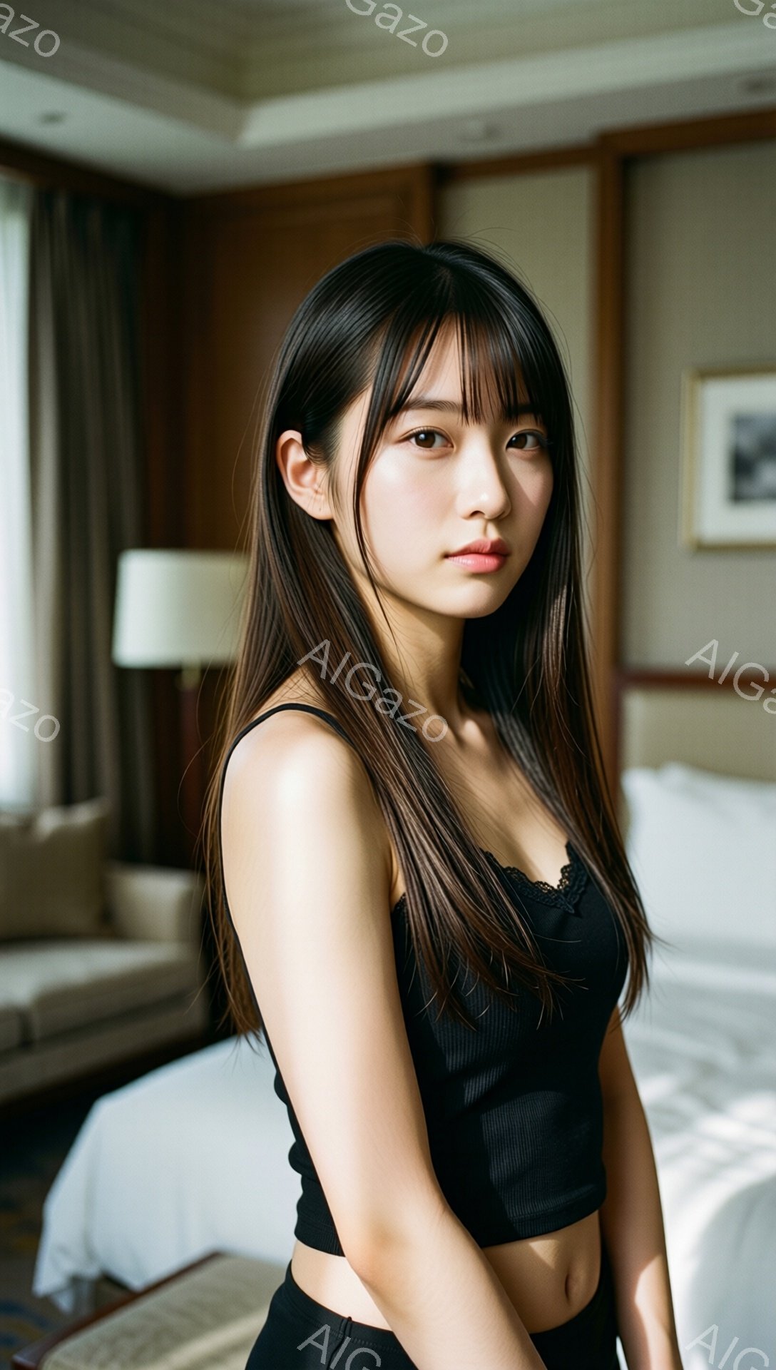 黒いキャミソールとショーツ姿の若い女性が写っている。彼女は長くストレートな黒髪で、前髪が少し目にかかっている。背景はホテルの部屋のような内装で、ベッドとソファが見え、穏やかでリラックスした雰囲気が漂っ - AI生成フリー素材