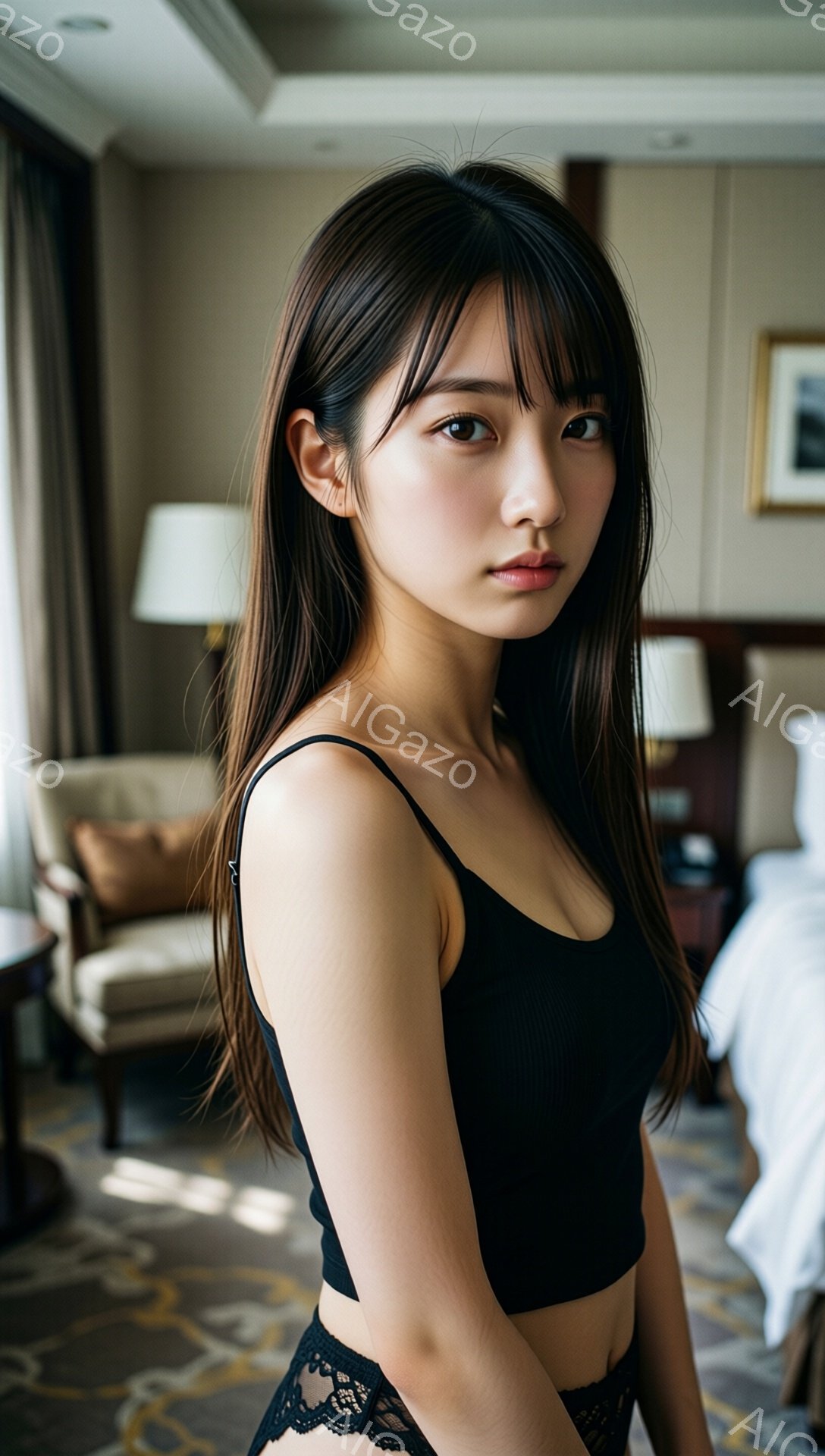 長い茶色の髪を持つ若い女性が、黒いタンクトップとレースの短い下着姿で立っている。彼女はカメラに向かって少し微笑み、リラックスした表情をしている。背景は、豪華なホテルの部屋で、椅子やベッドが見え、柔らかい光が差し込んでいる。