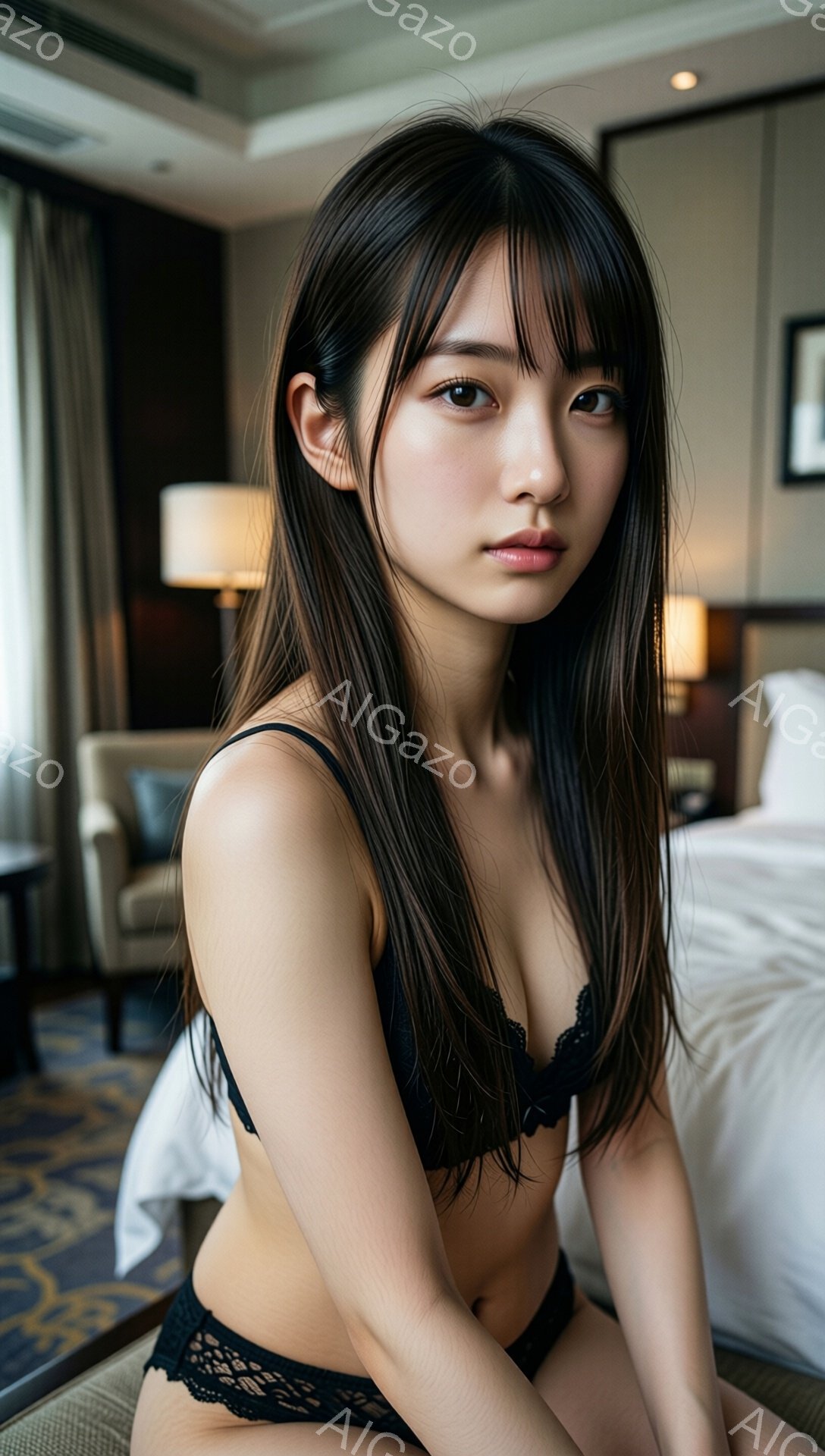 長い黒髪の女性が、黒いレースのブラとショーツ姿で、白いベッドに座ってこちらを見ている。彼女は控えめな微笑みを浮かべ、少し憂いのある表情をしている。背景には、高級感のある内装のホテルの一室が写っており、間接照明が暖かく、落ち着いた雰囲気を醸し出している。