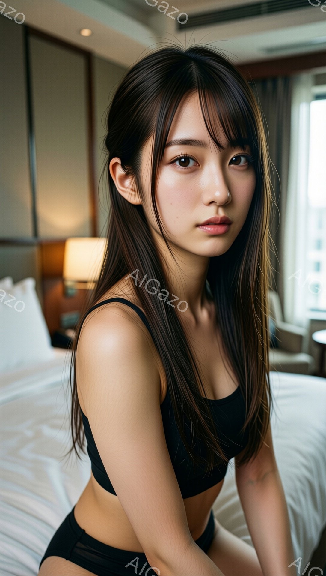 長い黒髪を後ろに流したアジア系の女性が、黒いビキニトップとボトムスを身に着けてベッドに座っています。彼女はカメラに向かって少し微笑み、落ち着いた表情をしています。背景には窓と都市の風景が見え、室内は明 - AI生成フリー素材