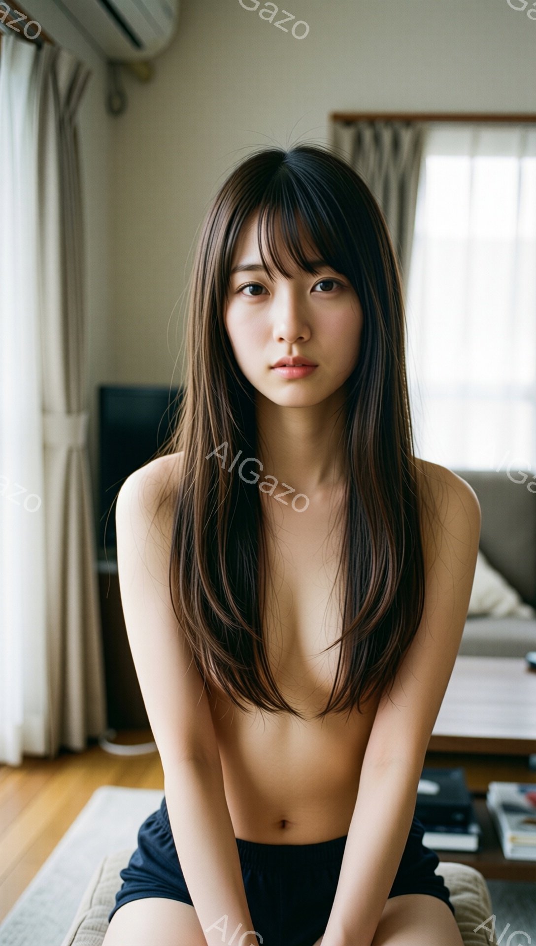 長い茶色の髪はストレートで、前髪が目にかかっています。彼女は上半身裸で、黒いショーツを着用しており、座って正面を見つめています。背景には木製の床、カーテン、そしてぼやけたリビングルームの家具が見えます。
