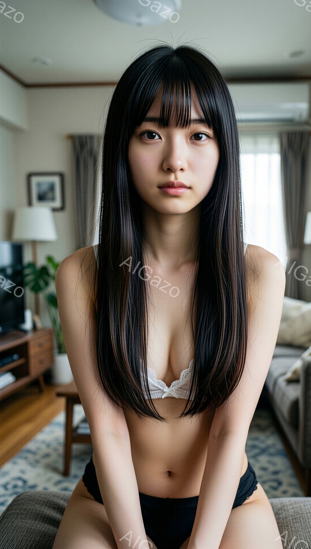 長い黒髪をセンターパートにした女性が、白のレースブラと黒い下着姿で座っています。彼女は少し物憂げな表情でカメラを見つめ、リラックスした姿勢で椅子に座っています。背景はリビングルームで、木製の家具や植物、窓から差し込む自然光が見えます。