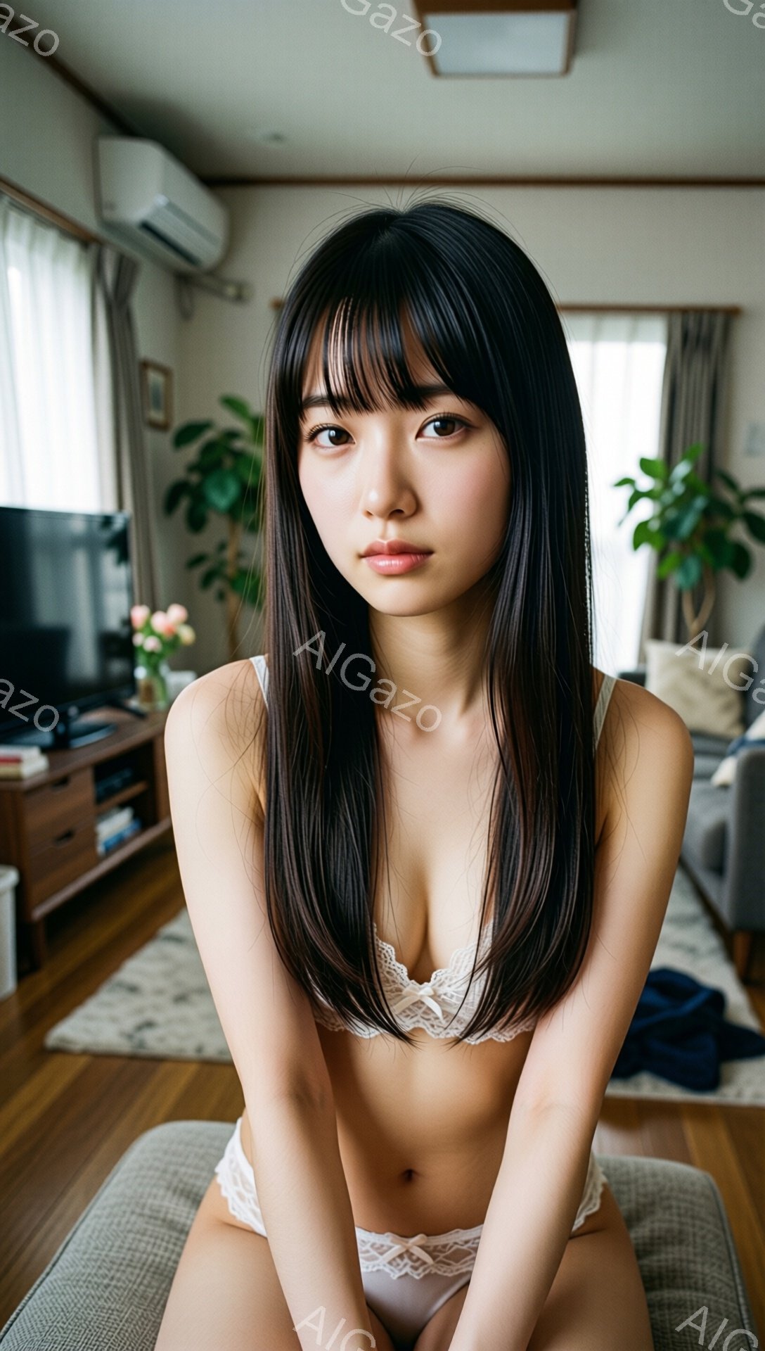 黒髪の女性が、レースの白いブラジャーとショーツを身につけ、グレーのソファに座って正面を見つめている。彼女はストレートヘアで、顔色は白く、口元は少し開いている。背景には、木製の家具、観葉植物、そして窓から差し込む自然光が見え、リラックスした雰囲気の室内である。