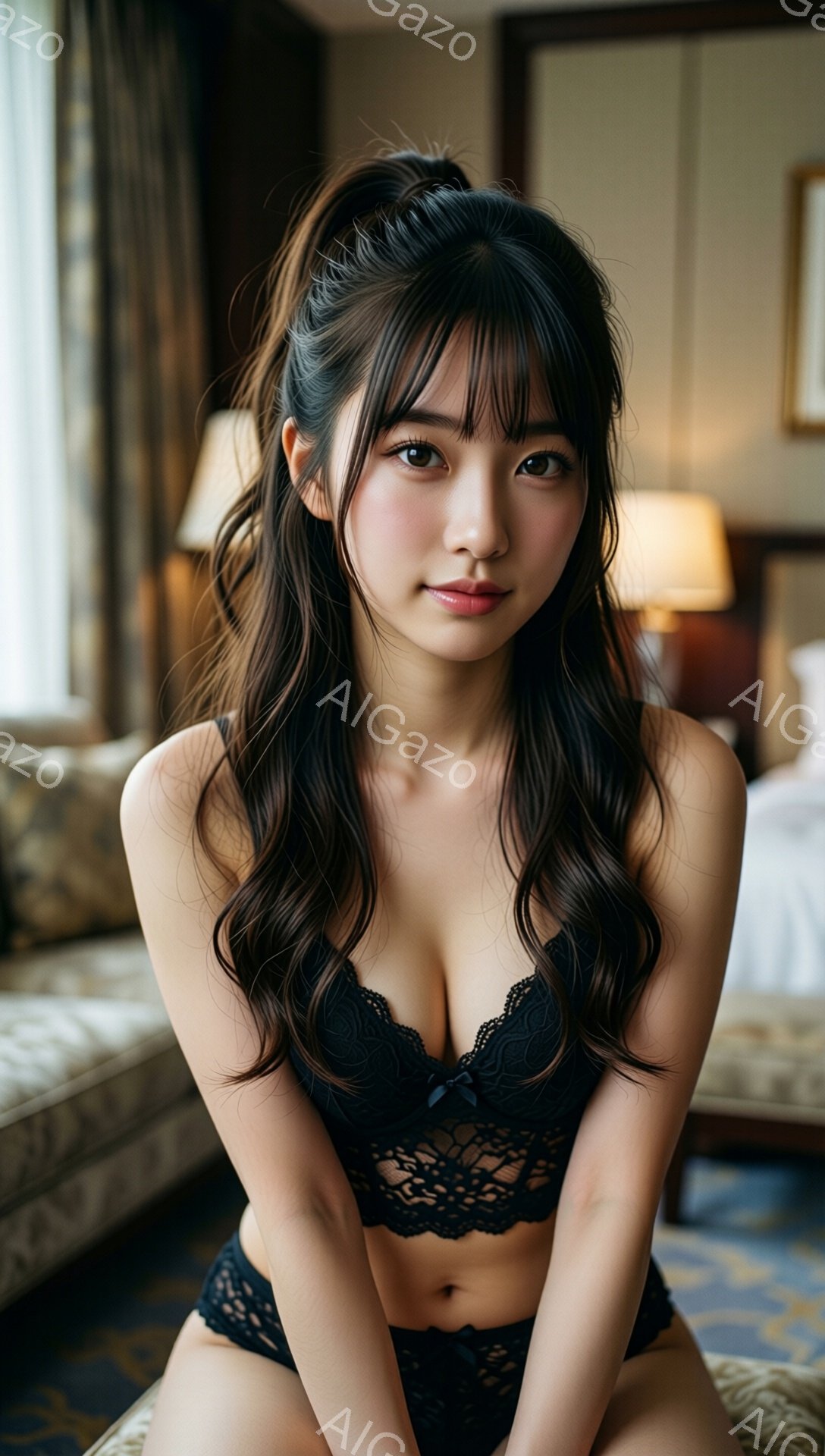 長い黒髪をウェーブさせ、前髪を少し分けている女性が、黒色のレースのブラとショーツを身につけて正面を見つめている。彼女はリラックスした表情で、やや挑発的な視線を送っている。背景にはベージュ色のソファと間接照明が見え、高級感のある落ち着いた雰囲気が漂っている。