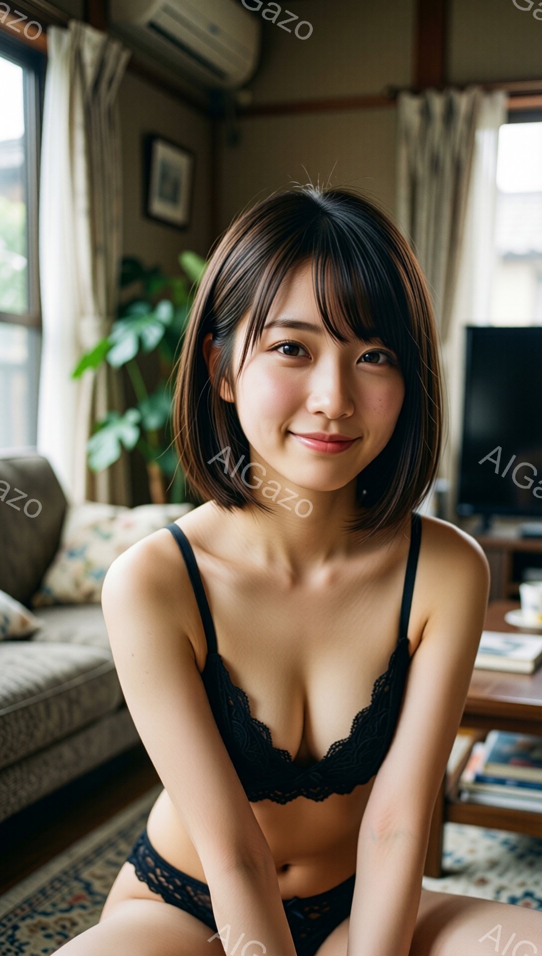 黒いレースのブラジャーとショーツを身につけた女性が写っています。彼女は短い黒髪で、わずかに微笑んでいます。背景には、暖色系のソファとテーブル、植物があり、室内でリラックスした雰囲気が漂っています。 - AI生成フリー素材