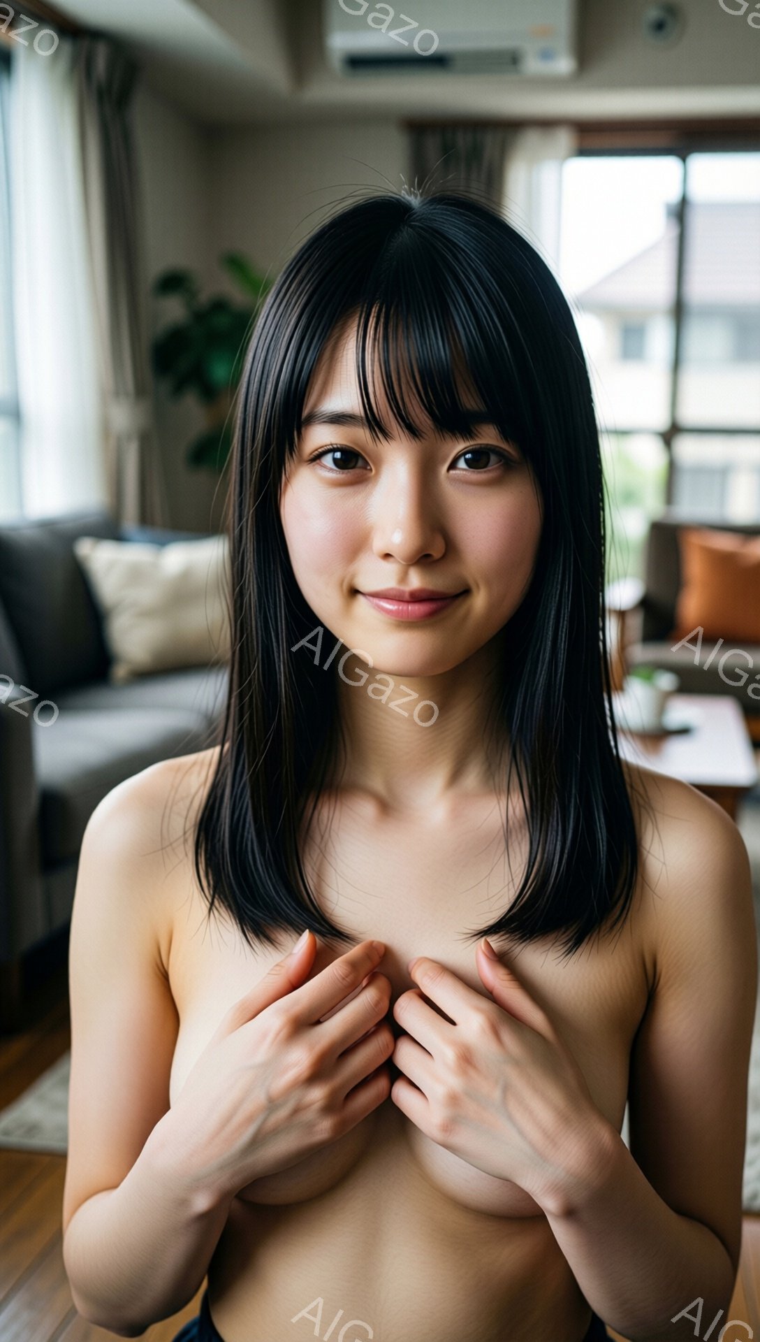 黒髪の女性が、上半身をむき出しにして微笑んでいます。彼女は両手を胸の前で組み、少し内気な表情をしています。背景には、ソファや観葉植物のあるリビングルームが見え、暖かく穏やかな雰囲気です。 - AI生成フリー素材