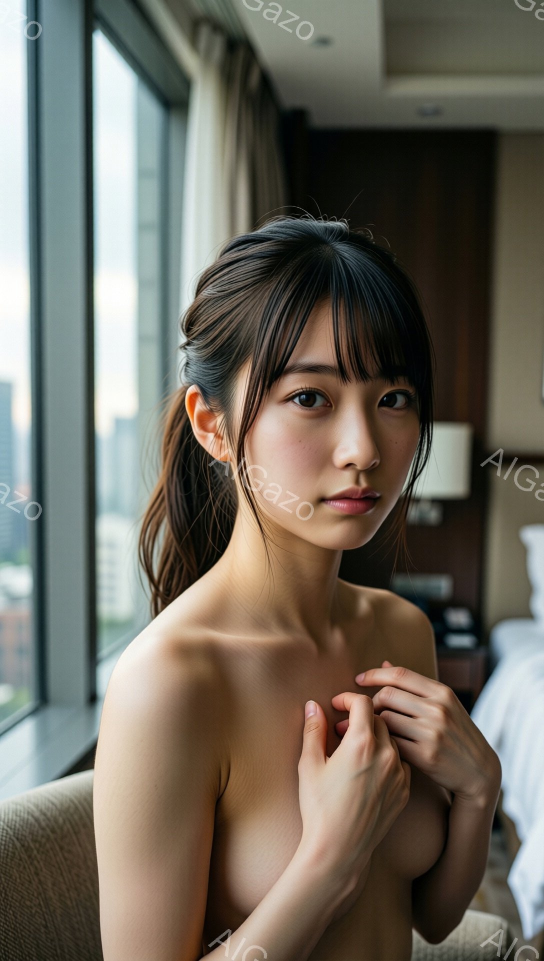 長い黒髪をポニーテールにした若い女性が、上半身を裸にしてソファに座っています。彼女は両腕で胸元を抱え、少し不安げな表情を浮かべています。窓からは高層ビル群が見え、室内は柔らかい光に包まれています。