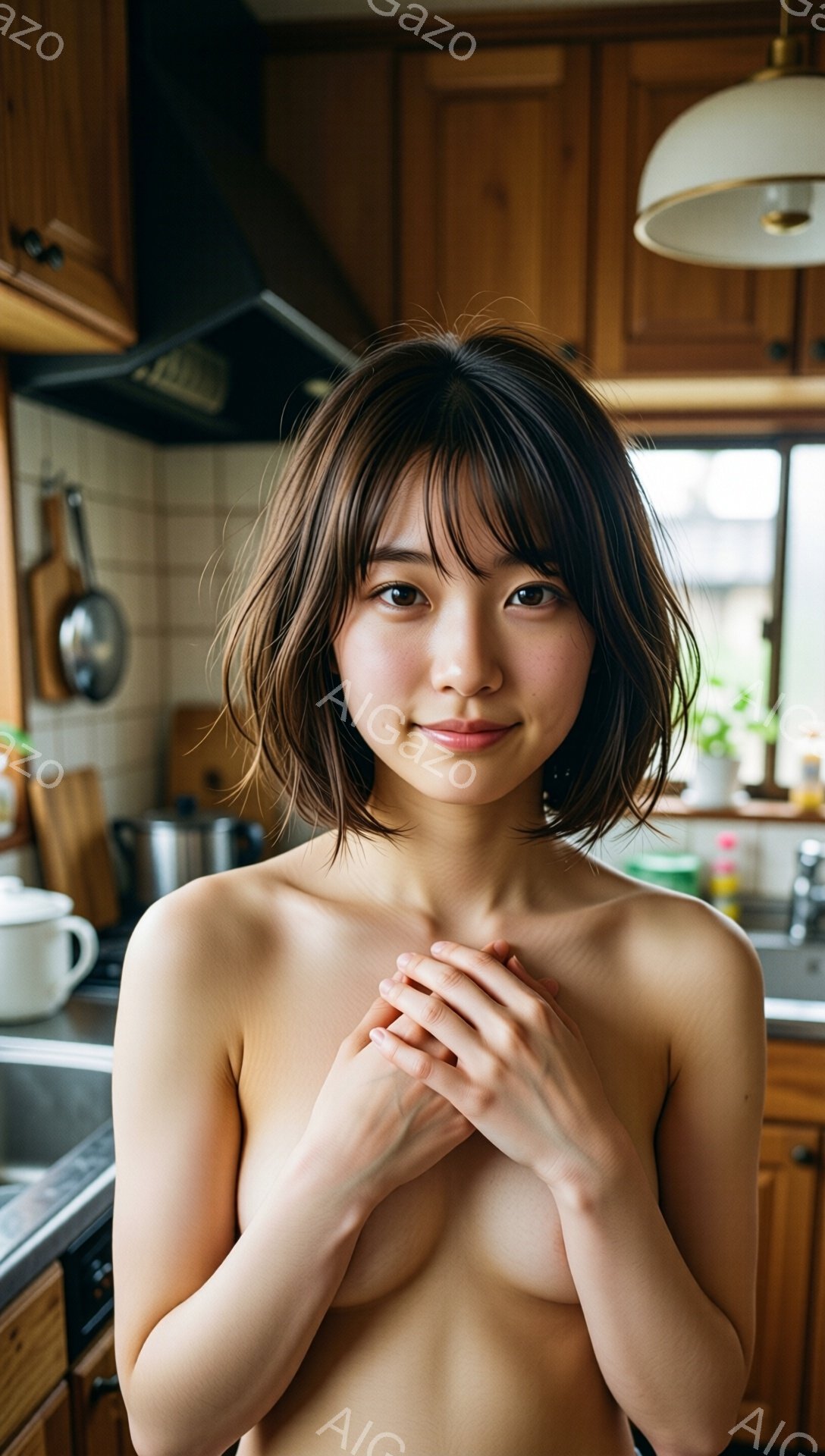 暖色系のキッチンを背景に、若い女性が上半身裸で微笑んでいます。彼女は短い茶髪で、顔の前髪が少しだけ目にかかっています。両手を胸の前で重ね、優しい表情を浮かべています。