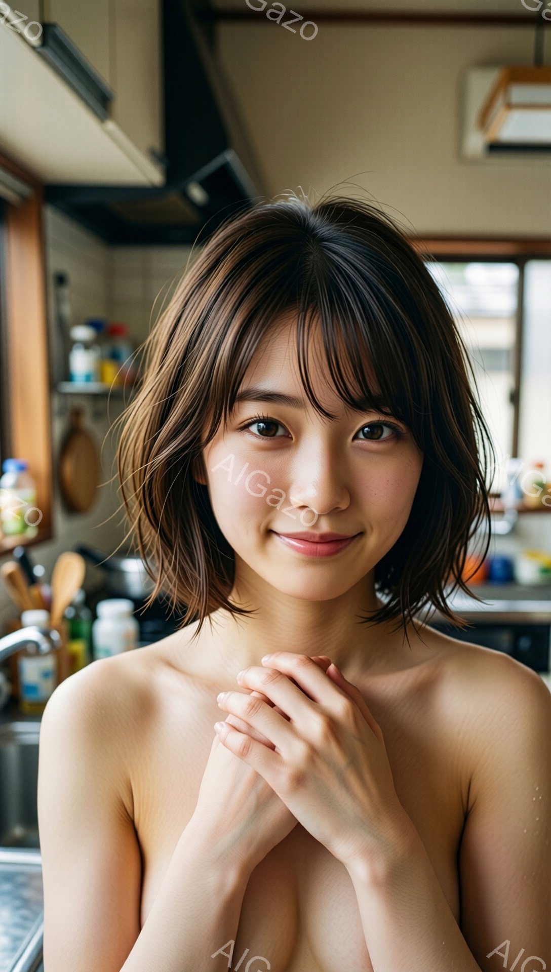 背景はキッチンで、調理器具や調味料が並んでいます。窓からは自然光が差し込み、全体的に暖かく穏やかな雰囲気です。 - AI生成フリー素材