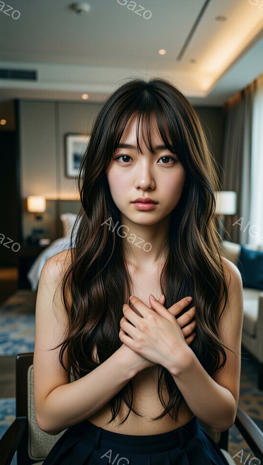 長いダークブラウンのウェーブヘアの女性が、膝の上で腕を組んで立っています。黒いスカートと、おそらく白いトップスを着ており、少し物憂げな表情をしています。背景はホテルの客室のような場所で、椅子、テーブル、ベッドが見え、窓から自然光が差し込んでいます。