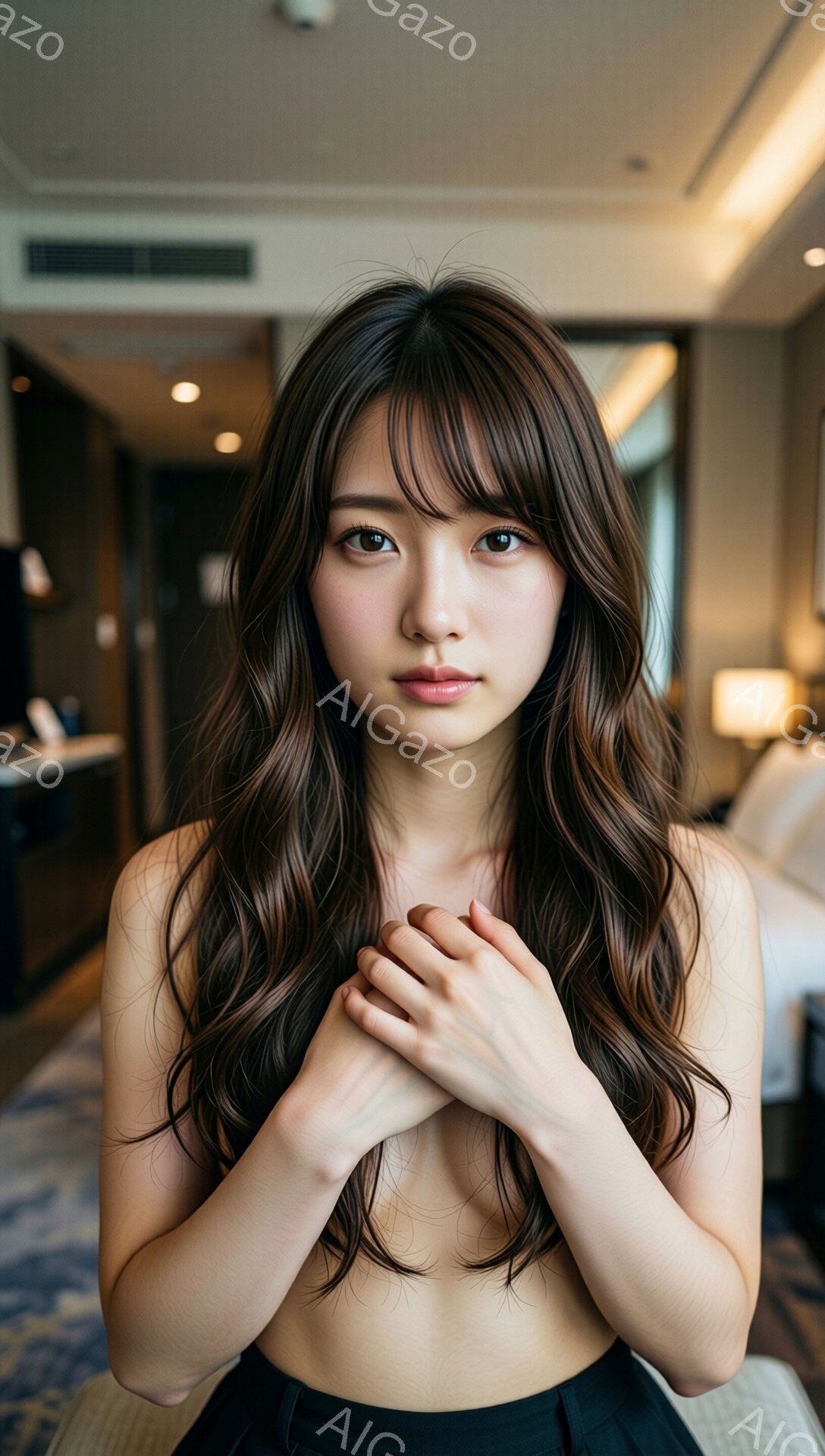 長い茶色の巻き髪をした若い女性が、上半身は露出して黒いスカートを着用し、両手で胸の前を抱えています。彼女はわずかに微笑み、落ち着いた表情でカメラを見つめています。背景はホテルの部屋のような室内で、ぼんやりと家具が見え、柔らかい光が差し込んでいます。