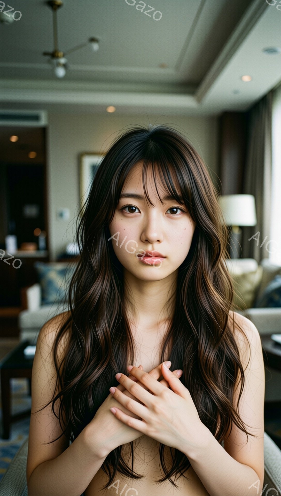 長いダークブラウンのウェーブヘアが肩にかかる女性が写っている。彼女は上半身裸で、両手を胸の前で重ね、優しく微笑んでいる。背景にはリビングルームのような空間が見え、窓からはぼんやりと外の景色が望める、暖かく穏やかな雰囲気のポートレート写真である。