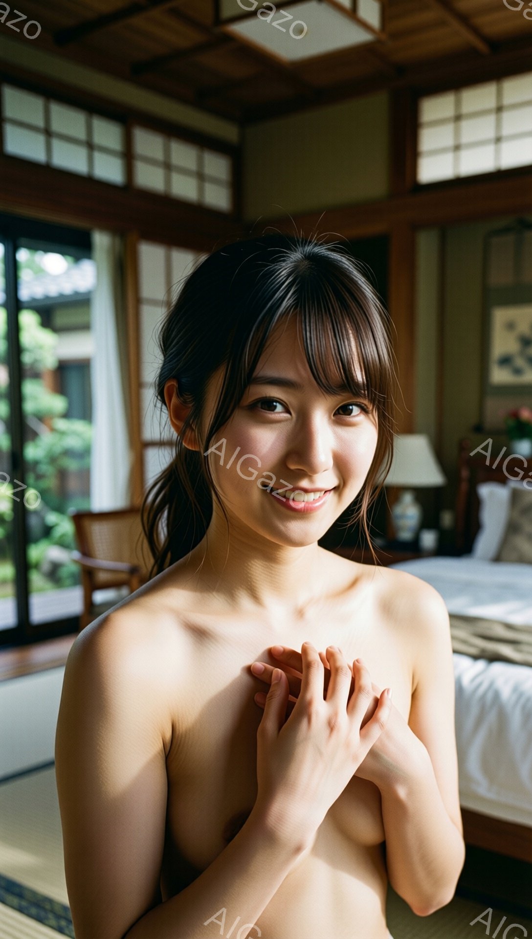 若い女性が正面を見つめ、微笑んでいます。彼女は上半身をむき出しにし、両手を胸の前で組み合わせています。背景には畳敷きの部屋と庭園が見え、木製の障子窓から光が差し込み、穏やかで静謐な雰囲気を醸し出しています。