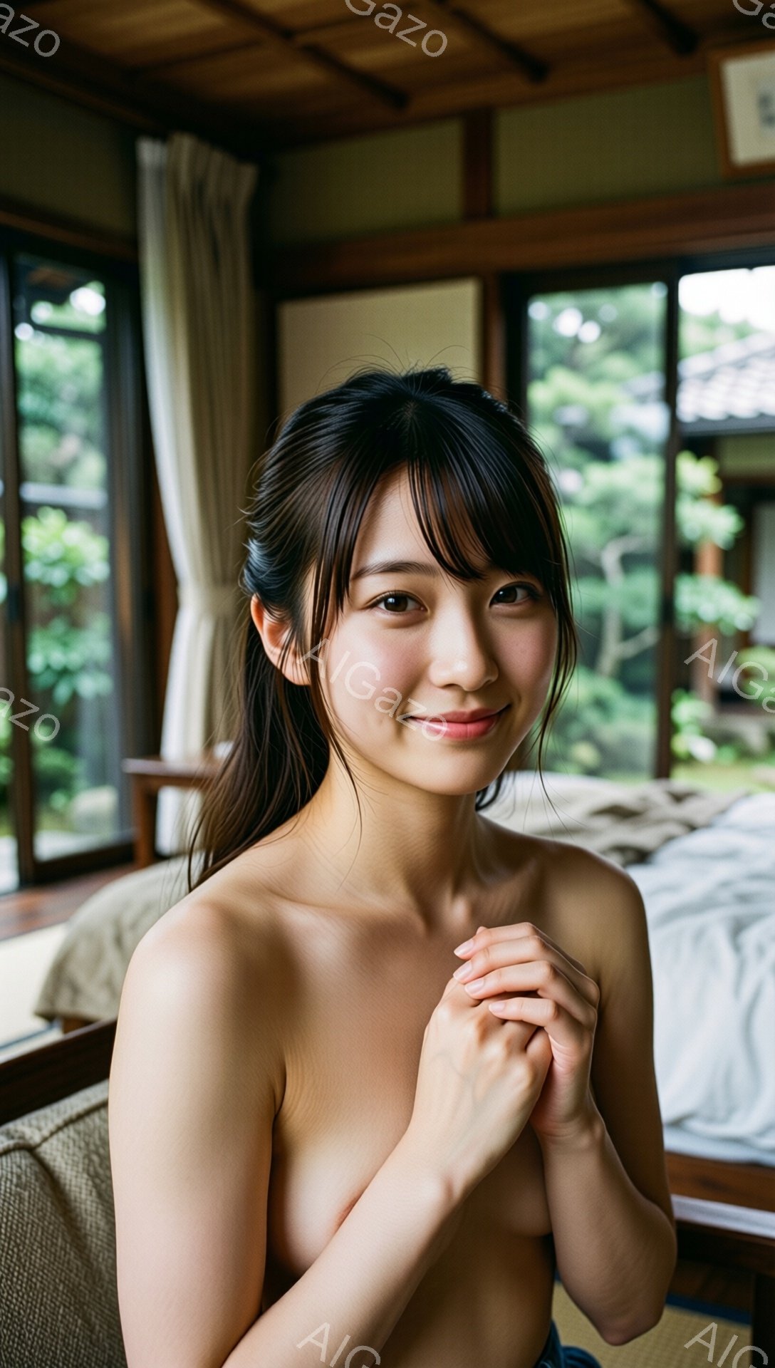 黒髪を後ろで結んだ女性が、上半身を露出して微笑んでいます。彼女は両手を胸の前で組み、穏やかな表情を浮かべています。背景には畳の部屋と庭の緑が見え、リラックスした雰囲気です。