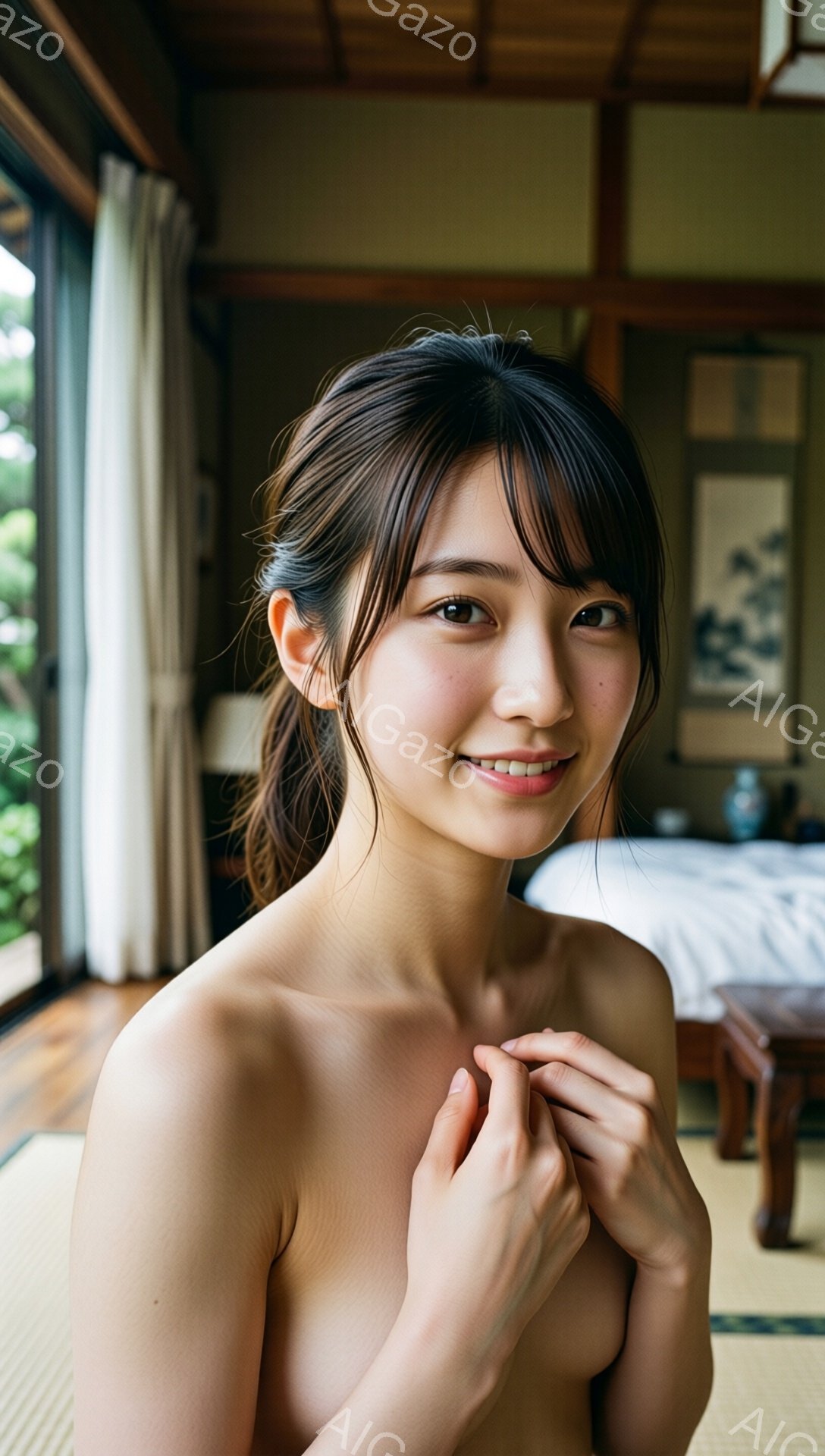 長い黒髪を後ろで一つにまとめた若い女性が、ベージュ色の部屋でこちらを見つめて微笑んでいます。彼女は上半身を裸にしており、両手を胸の前で重ねています。背景には畳の部屋、青いクッションと掛け布団のベッド、そして障子窓から見える緑豊かな景色が見えます。