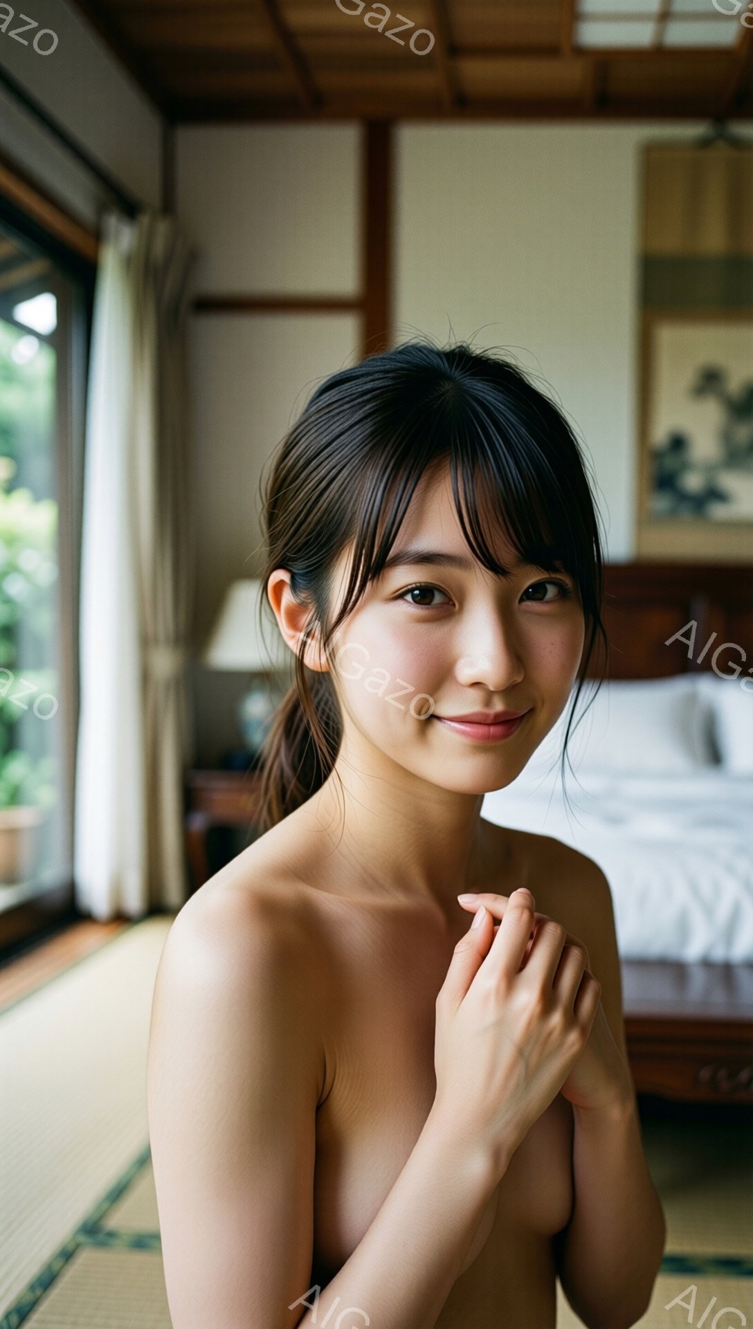 長い黒髪を後ろで一つにまとめた女性が、肩を抱きかかえながらカメラを見つめて微笑んでいます。背景には畳の部屋と木製の家具が見え、窓からは緑豊かな自然が垣間見えます。全体的に、リラックスした穏やかな雰囲気が漂っています。