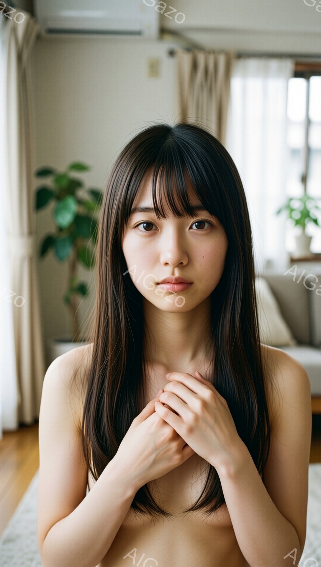 長い黒髪をセンターパートにした若い女性が、胸の前で両手を重ねてこちらを見つめています。上半身は裸で、背景には窓から差し込む光と、植物やソファが見えるリビングルームがぼんやりと写っています。全体的に、柔らかな光と彼女の控えめな表情が、静かで内省的な雰囲気を醸し出しています。