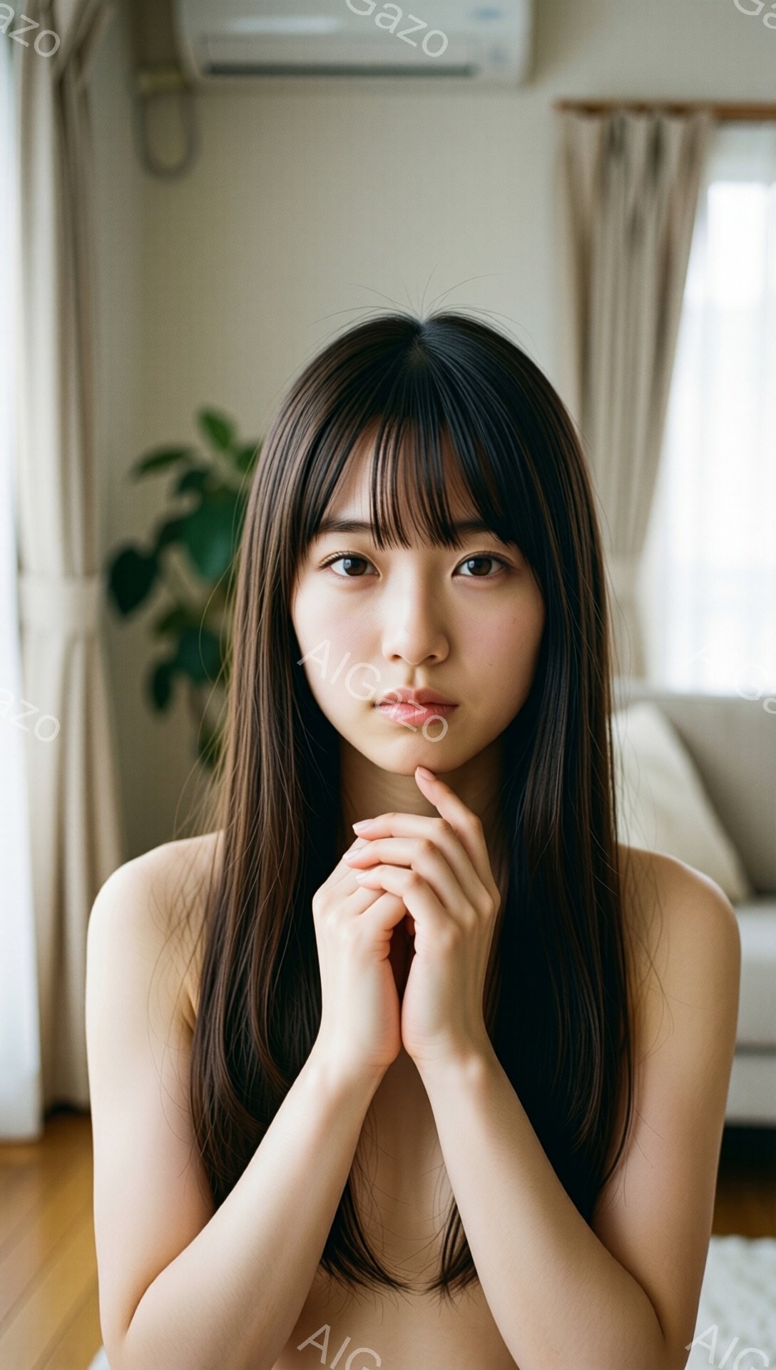 長い黒髪で前髪が眉毛にかかる女性が写っている。彼女は上半身裸で、両手を顎の下で組み、穏やかな表情をしている。背景にはベージュ色のカーテンと白いソファがあり、室内であることがわかる。