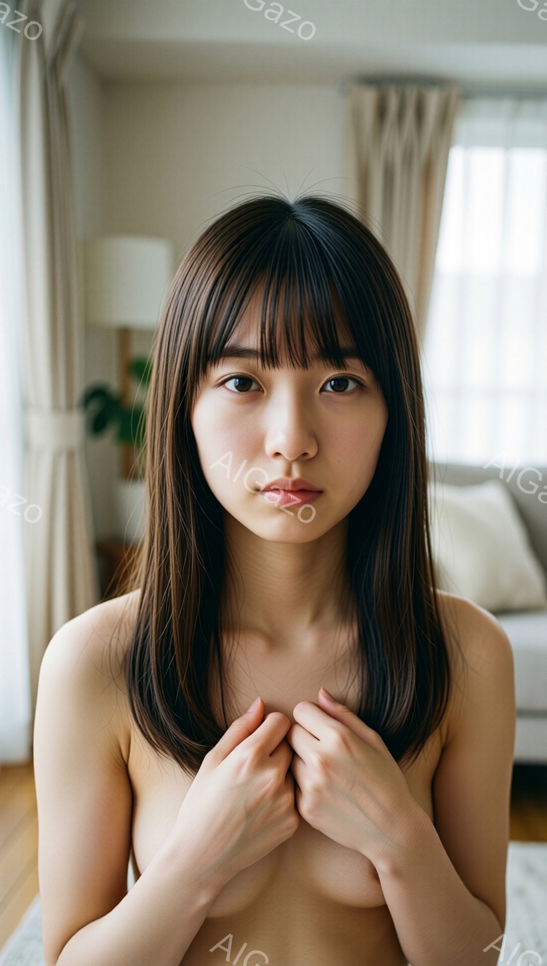 画像は、肩出しで胸元を両手でそっと押さえている若い女性を正面から捉えたものです。彼女はダークブラウンのストレートヘアで、前髪が眉毛にかかるようにカットされています。背景はリビングルームで、クリーム色のカーテン、白いソファ、明るい木製の床が見え、全体的に穏やかで内省的な雰囲気です。