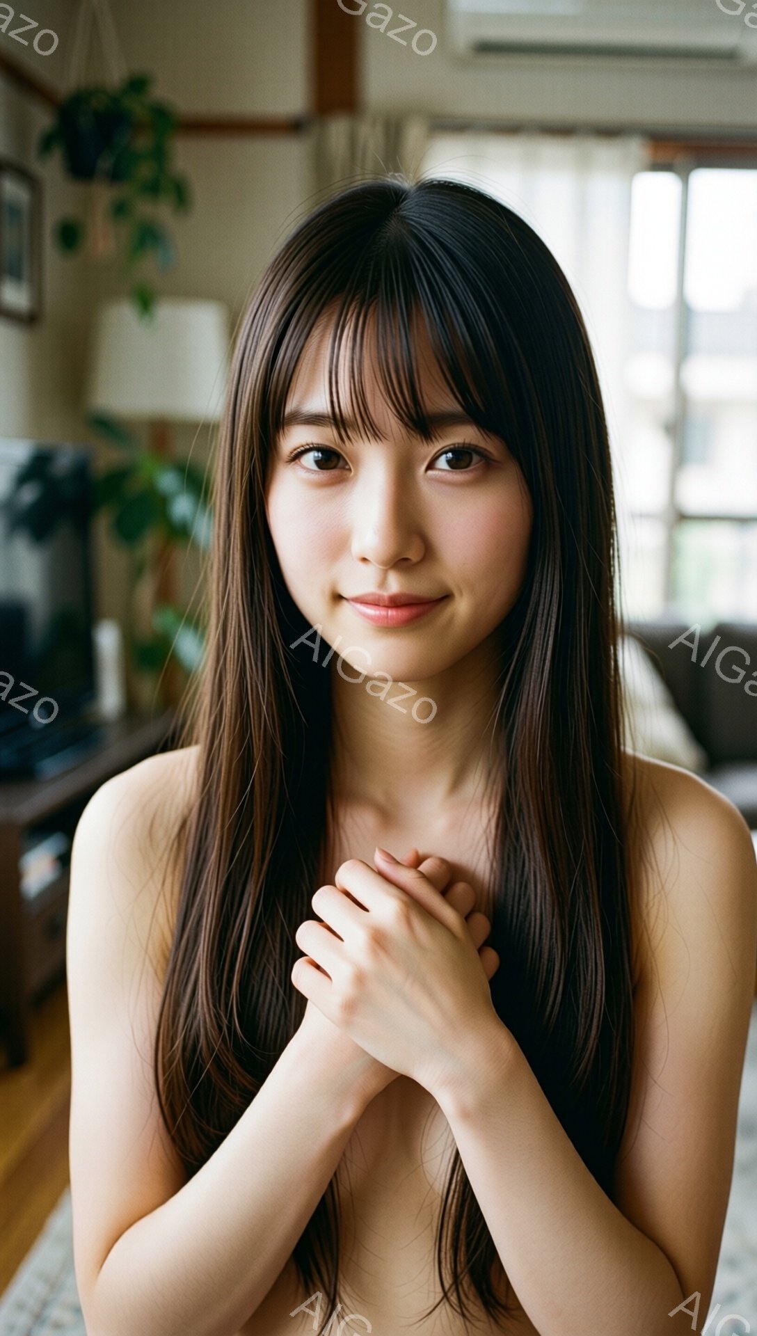 長い黒髪の女性が、胸の前で両手を重ねて微笑んでいます。彼女は上半身裸で、柔らかい光が肌を照らし、穏やかな雰囲気を醸し出しています。背景には、観葉植物や家具が見え、リビングルームのような室内がうかがえます。