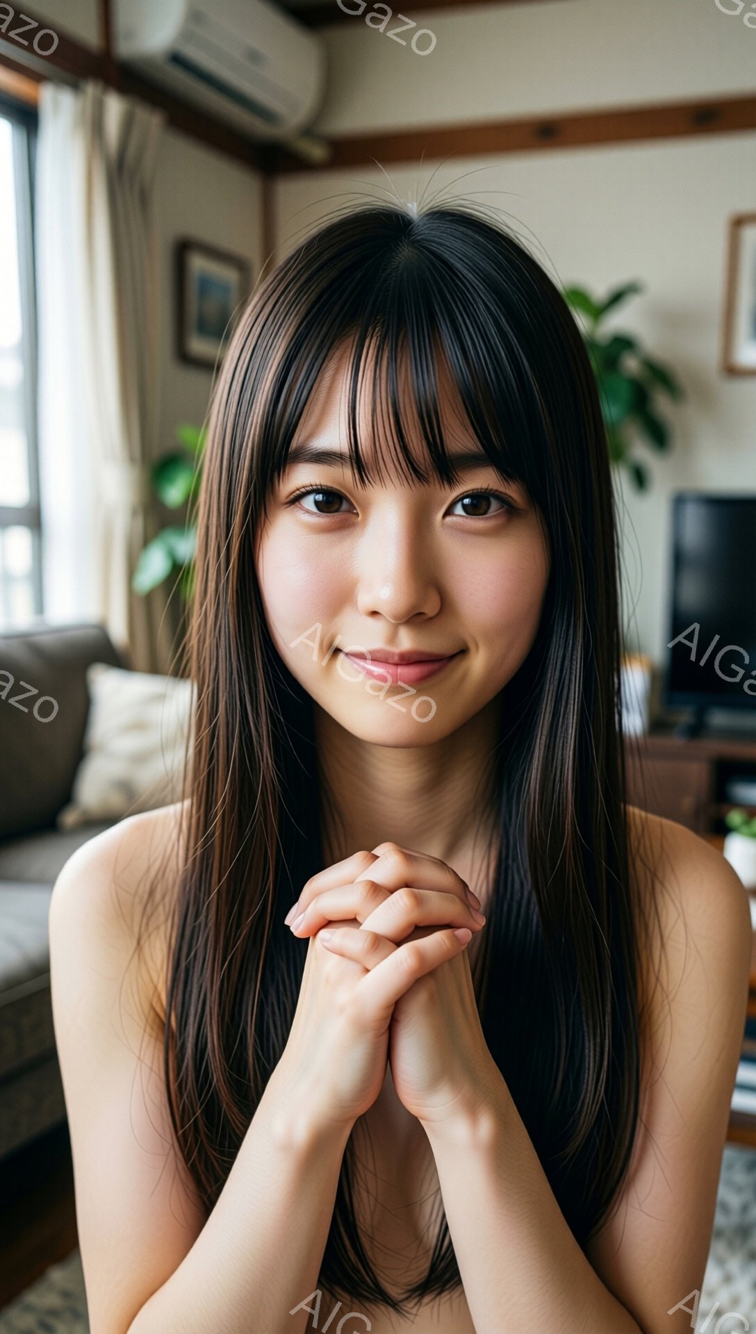 長い黒髪で、前髪は眉毛にかかるように流されています。彼女は微笑んでおり、両手を組んで祈るようなポーズをとっています。背景には、ソファと植物、そして薄暗いリビングルームが見え、暖かく穏やかな雰囲気が漂っています。