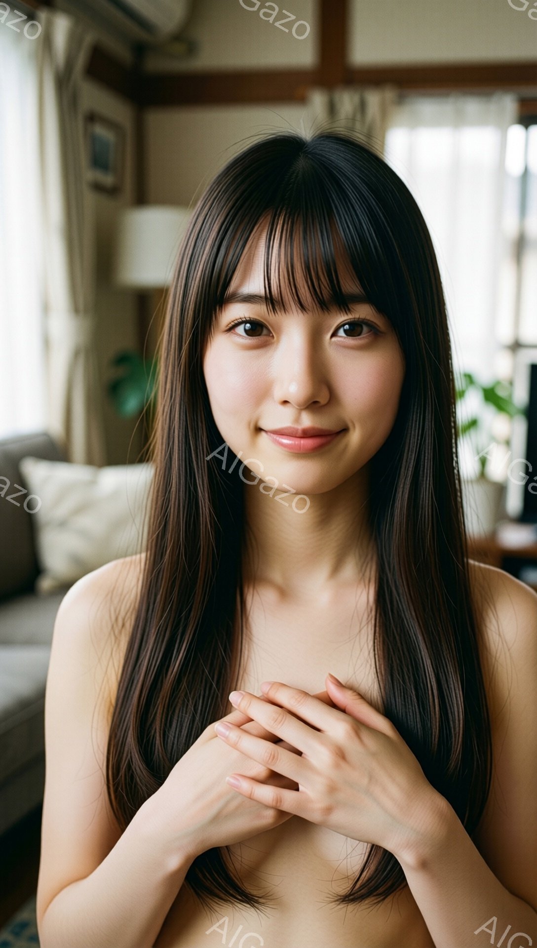 長い黒髪の女性が、微笑みを浮かべながら胸の前で両手を重ねています。彼女は上半身裸で、肌は滑らかに見えます。背景には、ソファや植物が見え、室内であることがわかります。 - AI生成フリー素材