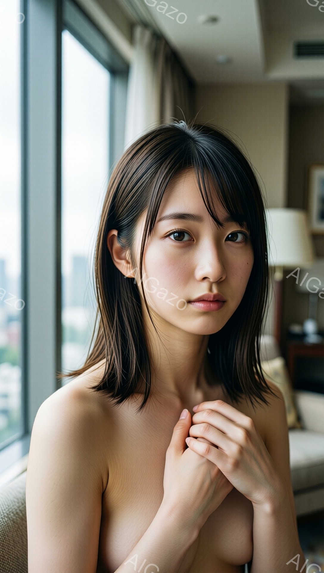 ショートヘアの女性が、上半身裸でカメラを見つめています。彼女は両手を胸の前で重ね、少し憂いを帯びた表情をしています。背景には、高い建物が見える窓があり、室内は暖色系の照明で照らされています。