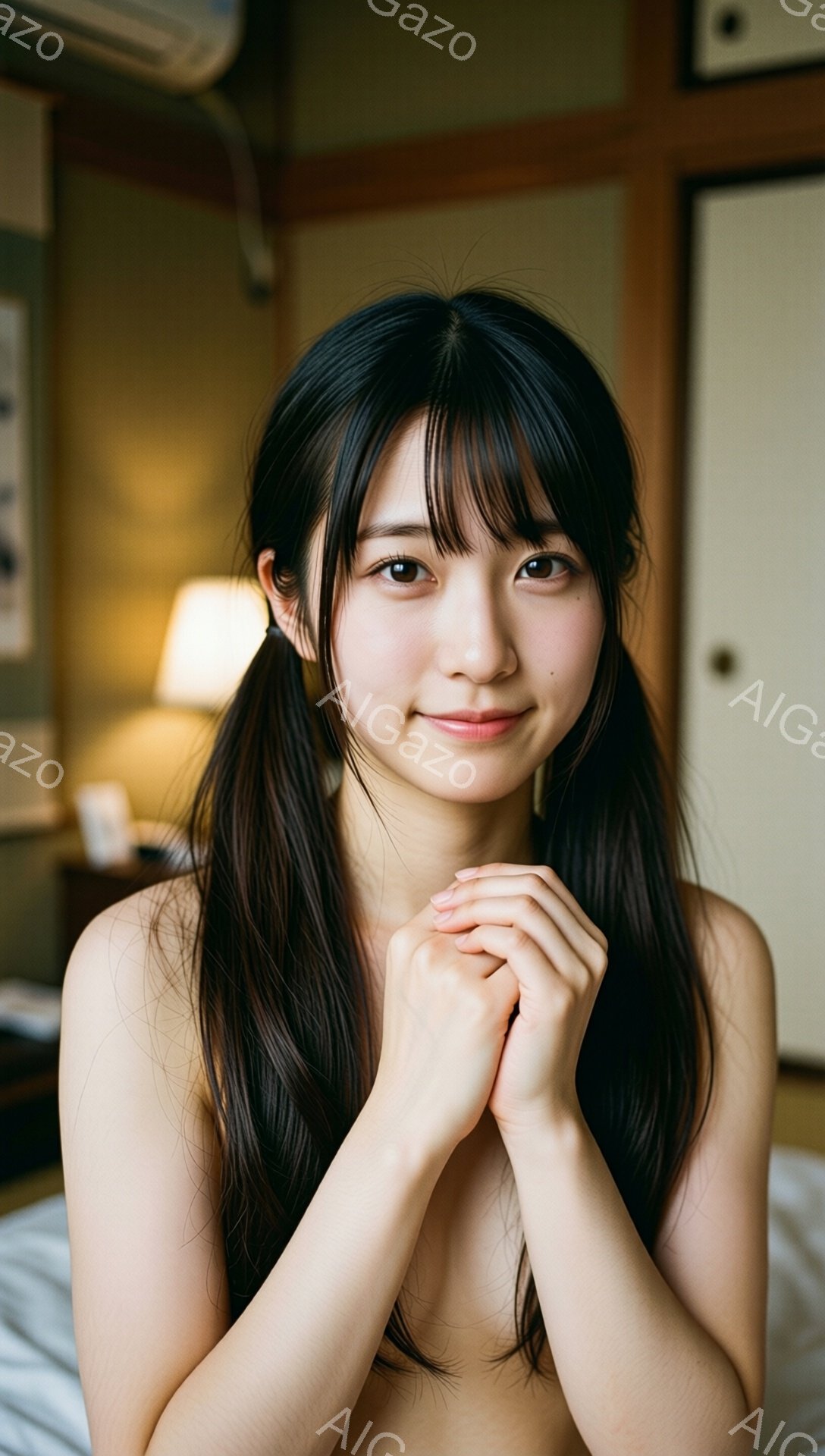 黒髪をツインテールにした若い女性が、微笑みながら両手を合わせています。白い寝具を背景に、彼女は上半身裸で、控えめで優しい雰囲気を醸し出しています。部屋は明るい木調で、日本の伝統的な旅館のような雰囲気です。