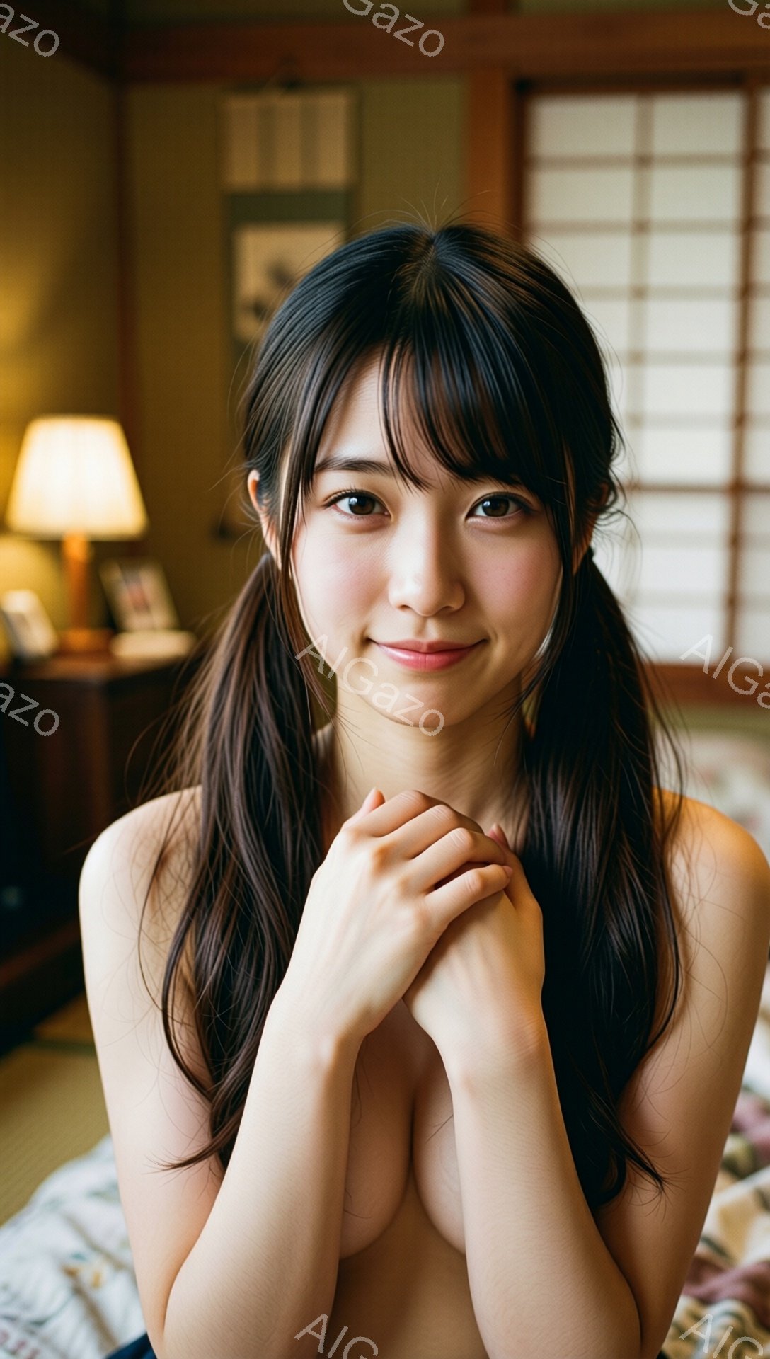 長い黒髪をサイドで結び、頬をほんのり赤らめた若い女性が写っている。彼女は両手を胸の前で合わせており、穏やかで優しい微笑みを浮かべている。背景には畳の部屋、障子、そして木製の家具が見え、落ち着いた和の雰囲気を感じさせる。