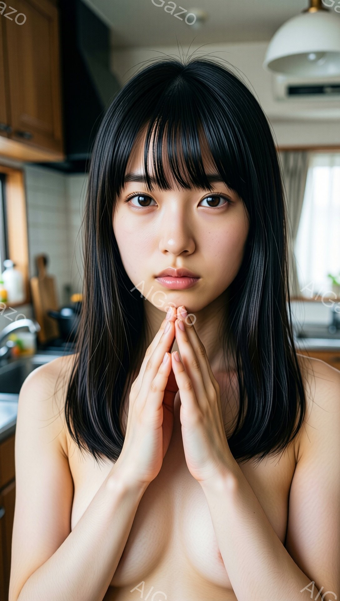 黒髪の女性が、胸の前で両手を合わせて祈るような姿勢をとっています。彼女は上半身裸で、ストレートヘアが肩にかかっています。背景はキッチンで、木製のキャビネットと窓から光が差し込んでおり、穏やかで内省的な雰囲気を醸し出しています。