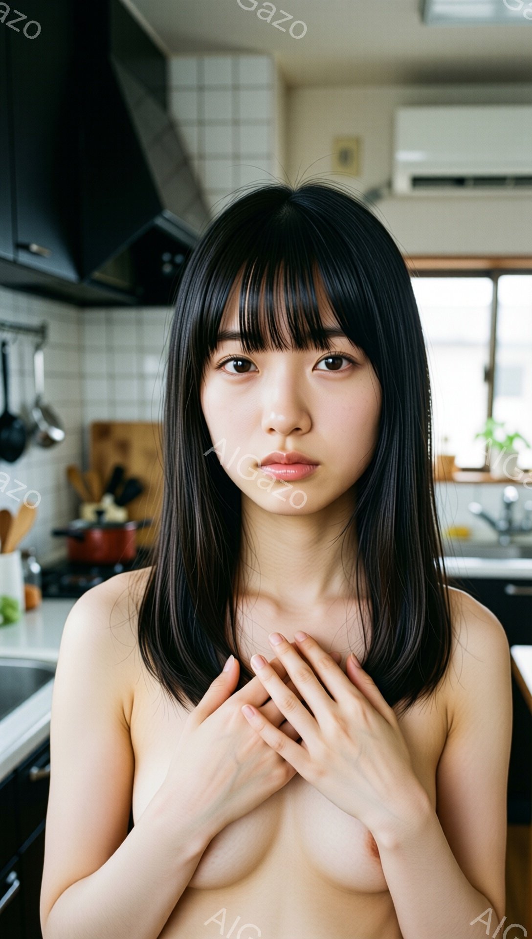 黒髪の女性がキッチンで胸の前で手を組んで立っている。彼女は肩から上は裸で、前髪が目の上まで伸びた黒髪が特徴的だ。背景にはキッチン用品や窓が見え、全体的に穏やかで内省的な雰囲気が漂っている。