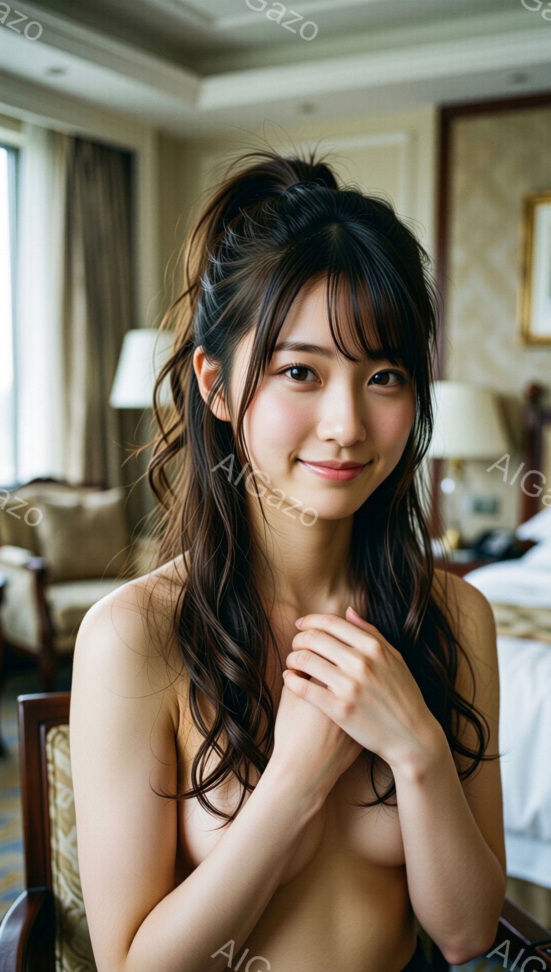 長い黒髪を無造作にウェーブさせた女性が、胸の前で両手を組んで微笑んでいます。背景はホテルの部屋のように見え、窓からは都市の風景がぼんやりと見えます。全体的に、暖かく、柔らかい光が彼女を照らし、リラック - AI生成フリー素材