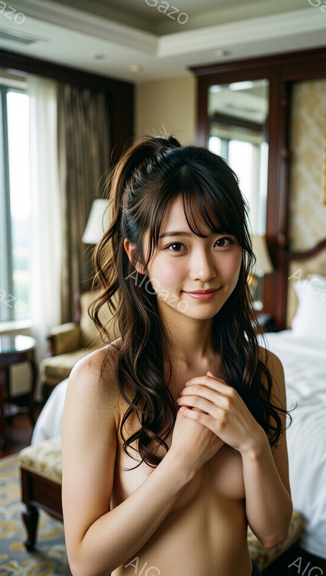 長いダークブラウンの髪をハーフアップにし、頬を少し赤らめた女性が写っています。彼女は白い背景の前で両手を胸の前で合わせて微笑んでいます。背景には、高級ホテルの部屋の一部が見え、クリーム色の家具と窓からの自然光が暖かく、優雅な雰囲気を醸し出しています。