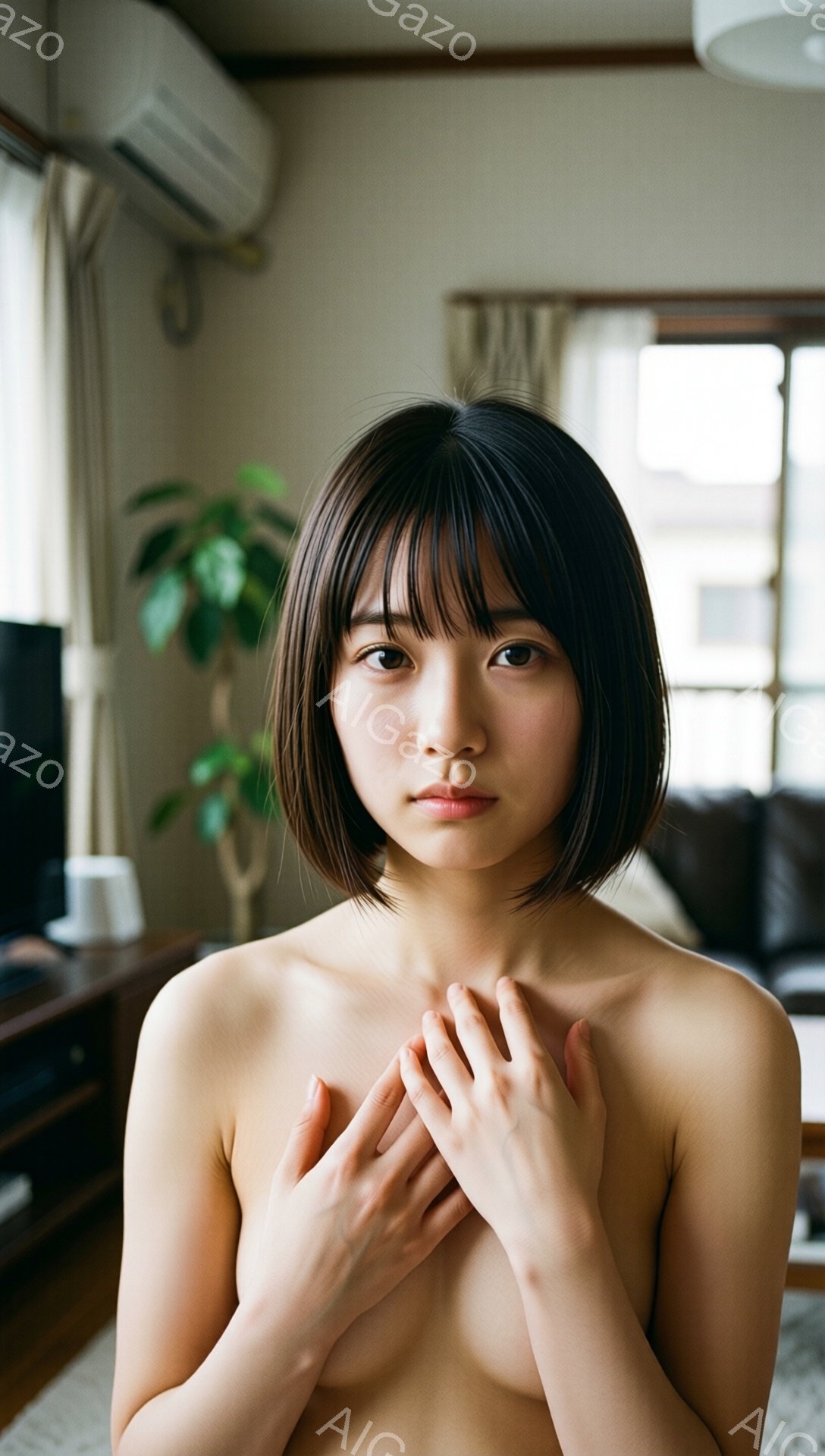 短い黒髪の女性が、胸の前で両手を添え、カメラを見つめています。上半身は裸で、控えめで内省的な表情を浮かべています。背景には、リビングルームと思われる家具や植物が見え、明るい日差しが差し込んで穏やかな雰囲気を醸し出しています。