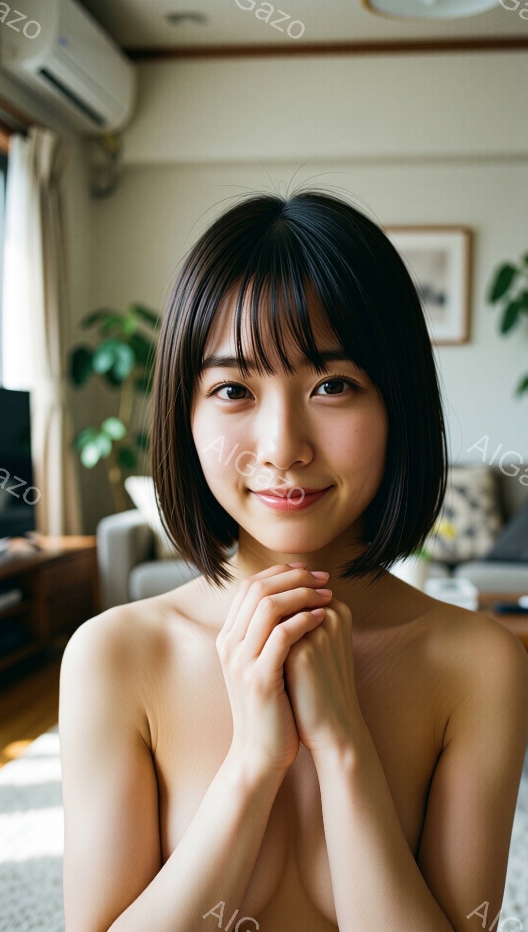 画像は、短い黒髪の女性が、穏やかな笑顔でカメラを見つめています。彼女は上半身をむき出しにしており、両手を合わせて胸の前で軽く祈るような姿勢をとっています。背景には、自然光が差し込むリビングルームがあり、ソファや観葉植物が見え、暖かくリラックスした雰囲気を醸し出しています。