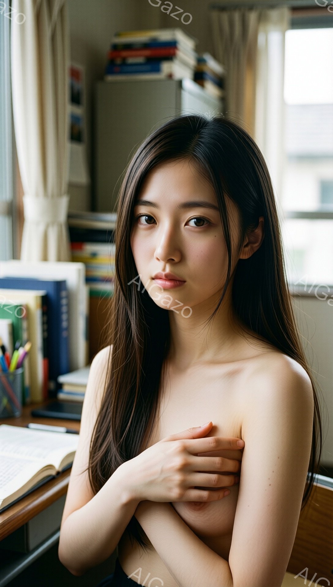 長い黒髪をなびかせ、上半身をタオルで覆った若い女性がこちらを見つめている。彼女は両腕で胸を抱きしめ、少し憂いを帯びた表情を浮かべている。背景には本棚と机があり、室内であることがわかる。 - AI生成フリー素材
