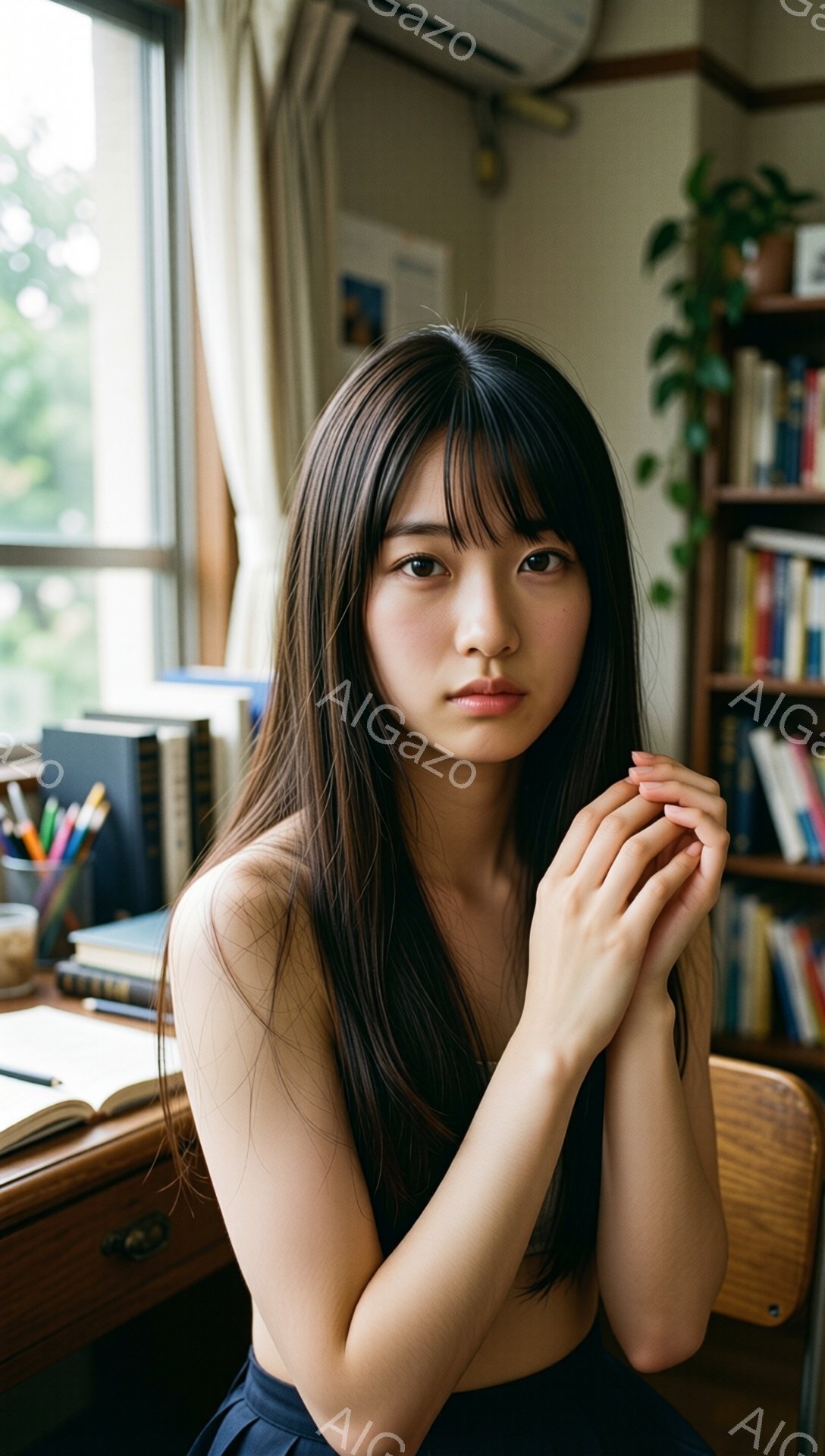 長い黒髪で、前髪は眉毛にかかるように切り揃えられています。彼女は肩出しのトップスと紺色のスカートを身につけ、両手を組み合わせて静かに座っています。背景には木製の机、本棚、そして緑豊かな植物が見え、落ち着いた雰囲気の室内が描かれています。
