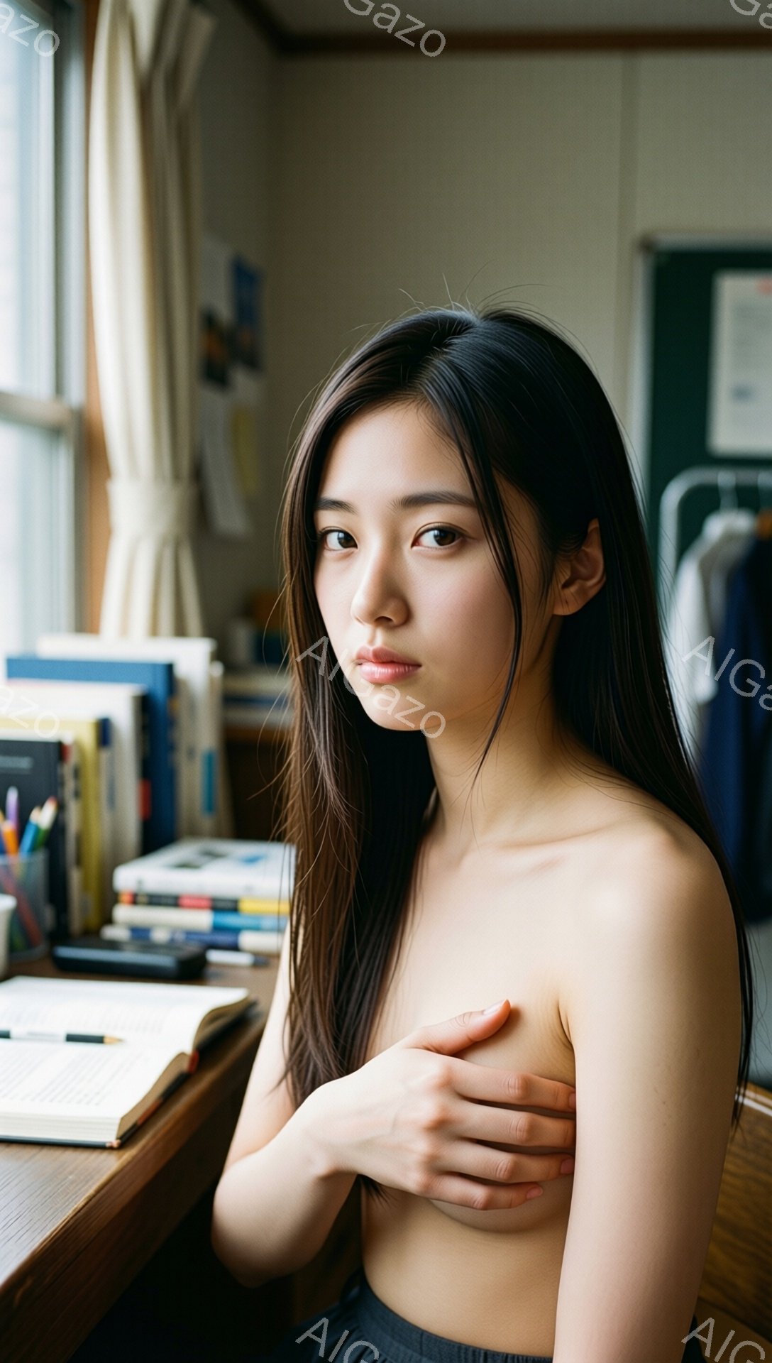 長い黒髪を肩で垂らし、上半身は裸で、下半身は濃い色のスカートを着用した若い女性が写っている。彼女は両腕を胸の前で組んでおり、少し憂いを帯びた表情でカメラを見つめている。背景には木製の机の上には本や文房具が積み重ねられ、教室のような場所であることがうかがえる。