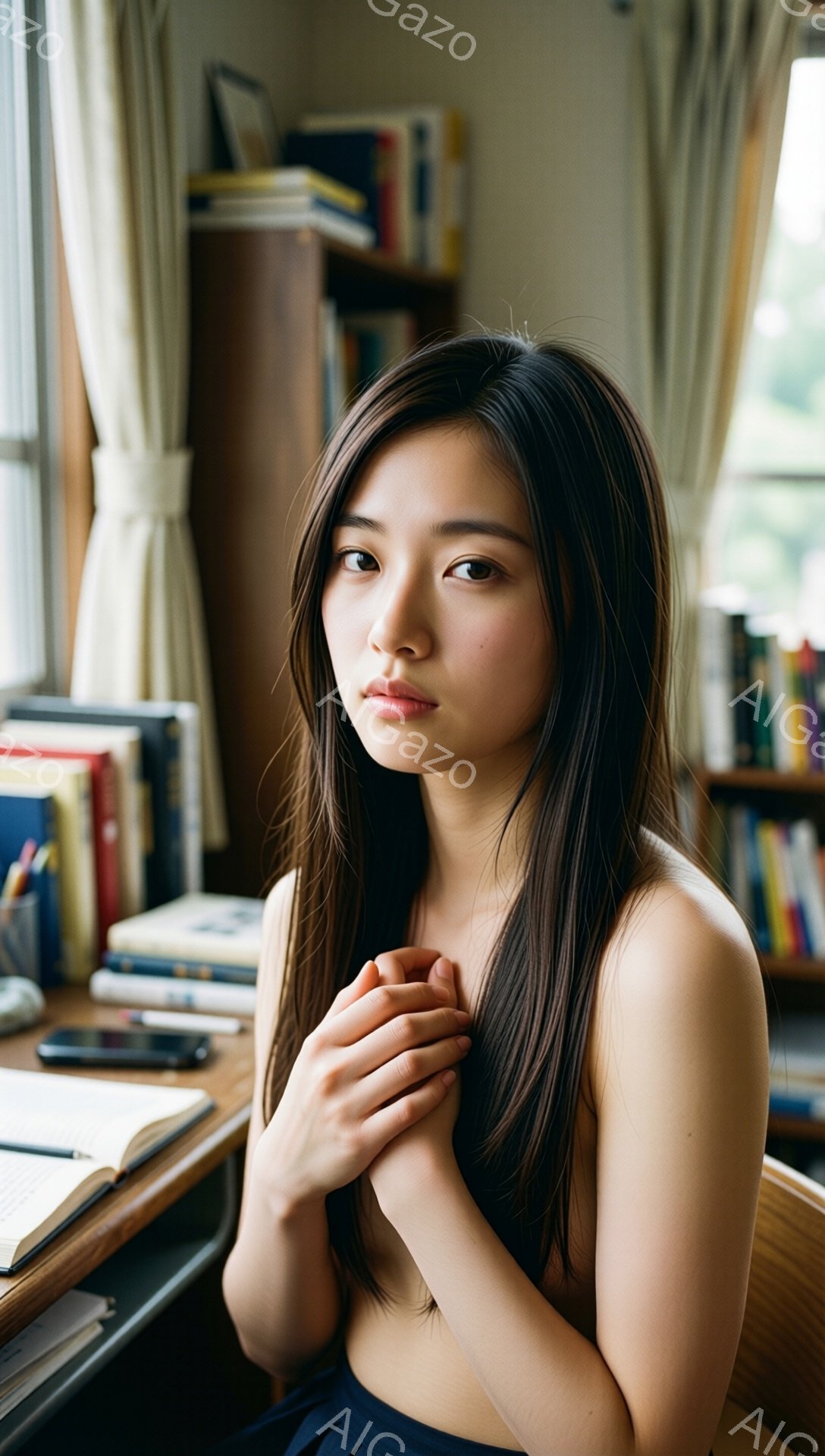 長い黒髪を肩で分けている若い女性が、わずかに微笑みを浮かべながらカメラを見つめている。彼女は肩出しのネイビーブルーのトップスを着ており、両手を胸の前で組み、控えめな姿勢で座っている。背景には本棚と自然光が差し込む窓があり、落ち着いた雰囲気を醸し出している。